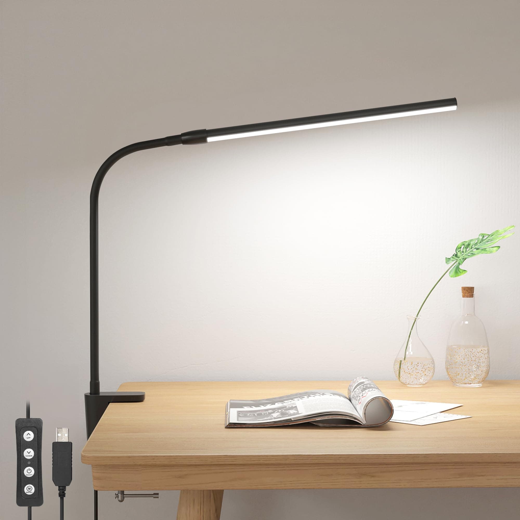 Clip on Desk Lamp LED Reading light Dimmable USB Small Clamp Lamp with 3 Color Modes 10 Brightness, Adjustable Flexible Gooseneck Table Light for Bed Headboard, Nail, Home Office,Computer(Black)
