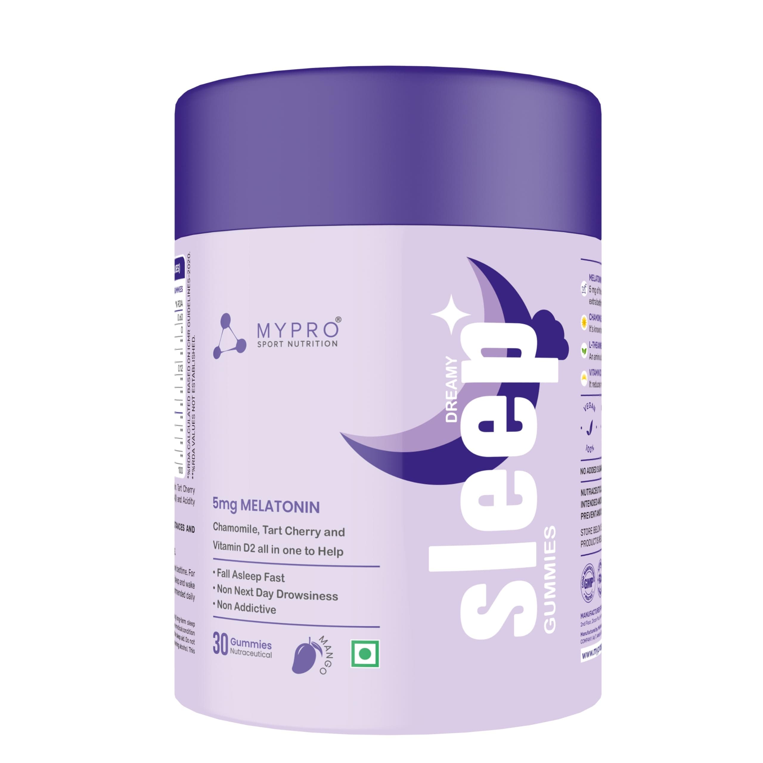 Mypro Sport Nutrition Melatonin Sleep Gummies | No Side Effect With Chamomile,Tart Cherry & Vitamin D2 | Promotes Deep Sleep | Calms Brain & Relaxes Nerves | Wake Up Fresh & Energetic - 30 Gummies