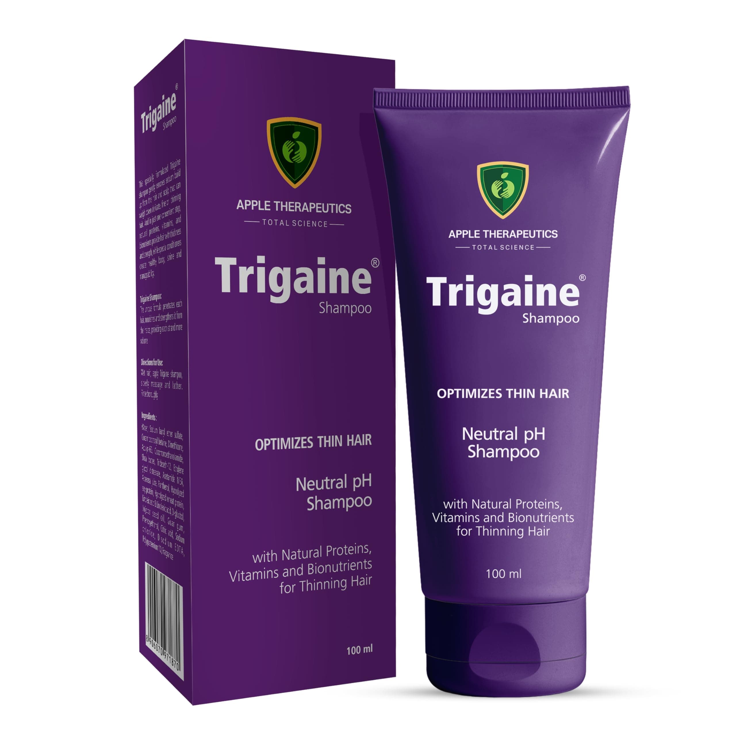 APPLE THERAPEUTICS Trigaine Shampoo (100ml) | pH Balanced Shampoo, Optimizes Thin Hair With Natural Proteins, Vitamins And Bionutrients Dermatologist-Recommended Shampoo for Hair Fall