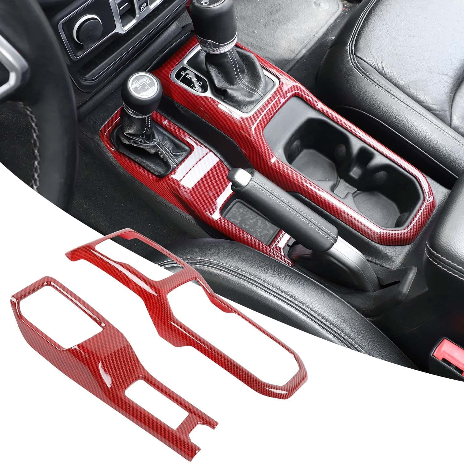 Center Console Gear Shift Panel Trim Cover 4WD Four Wheel Drive Cup Holder Panel Trim Cover Decoration Interior Accessories for Jeep Wrangler JL JLU & Gladiator JT 2018-2024,Red Carbon Fiber