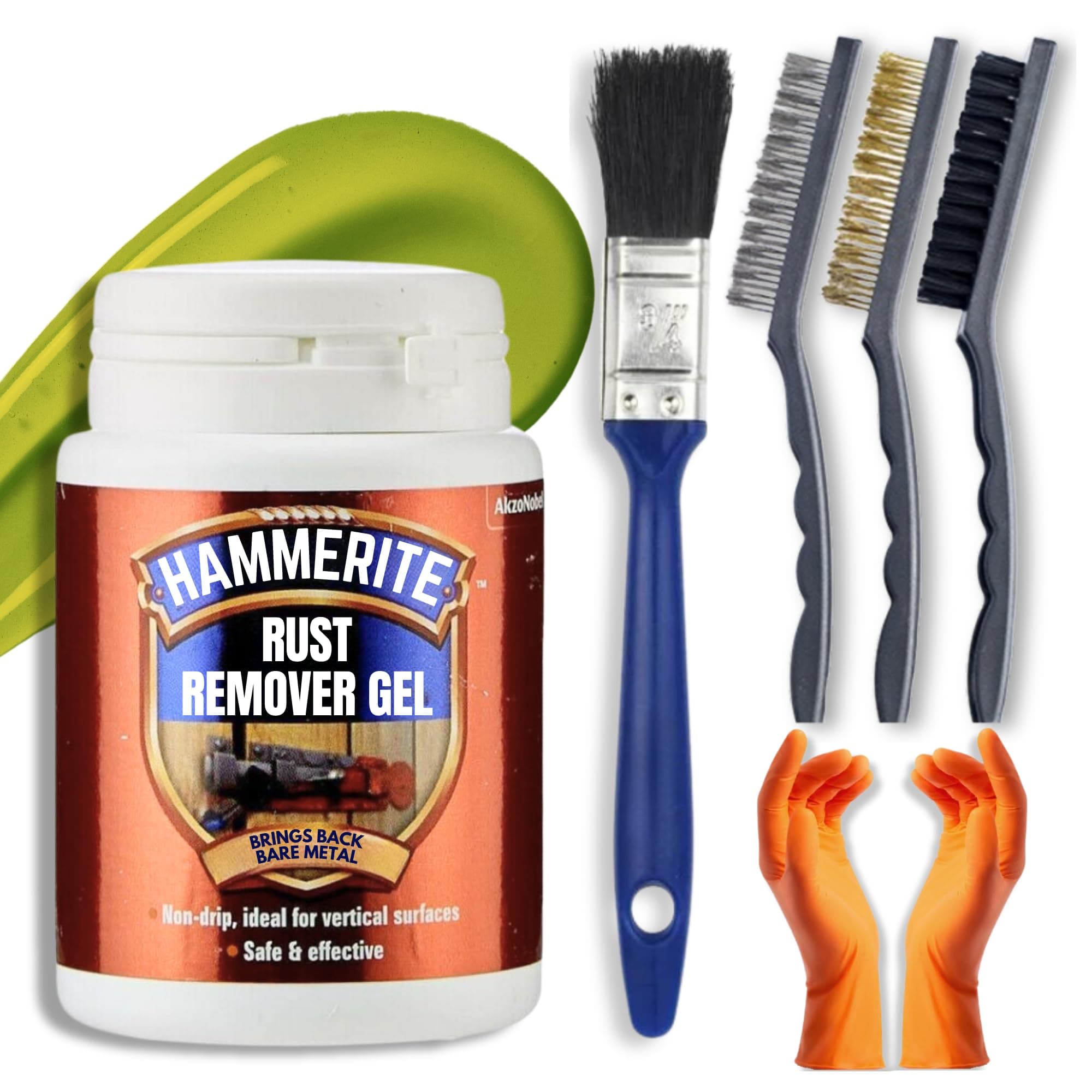 Rust Remover for Metal Bundle with 100ml Hammerite Rust Remover Gel, Wire Brush Set (Nylon Steel Brass), Gloves & Decex Paintbrush - Rust Treatment Kit for Cars, Bikes, BBQ, Vehicles, Gates, Chrome