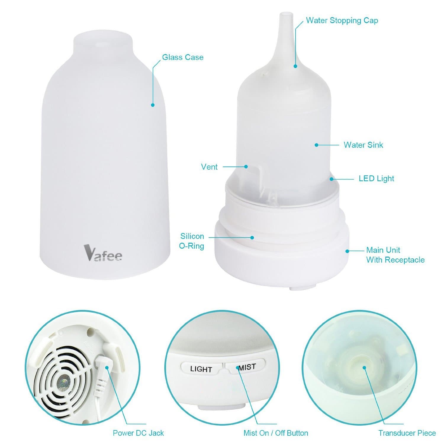 Vafee Glass Essential Oil Diffuser Aromatherapy Diffuser Ultrasonic Cool Mist Aroma Humidifier, with 7- Color LED Light,Corrosion Resistant Material for Home Office Yoga Room