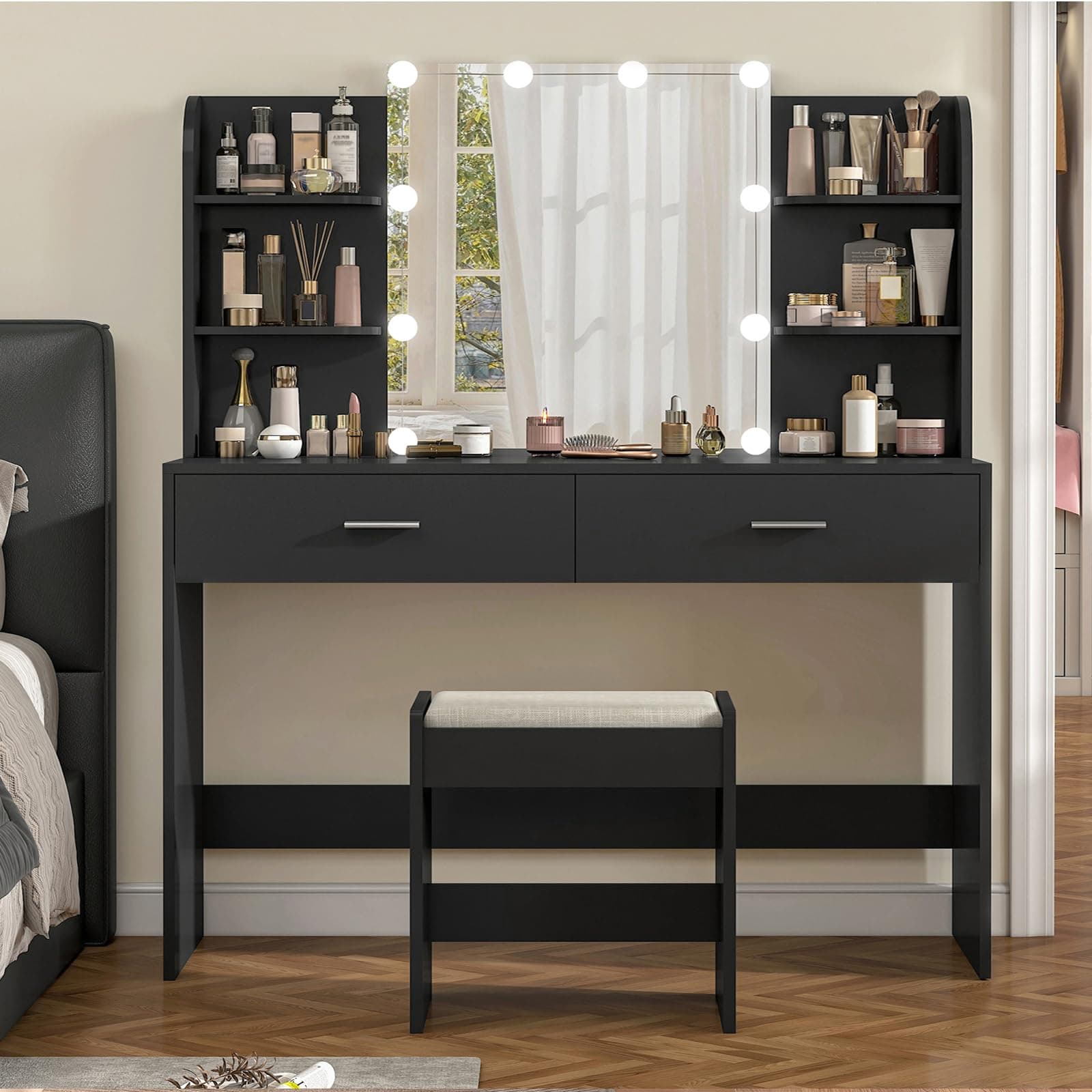 usikey Vanity Desk with Mirror and Lights, Vanity Makeup Table Set with 2 Drawers & 6 Open Shelves, Makeup Vanity Desk Dressing Table with Cushioned Stool, Black