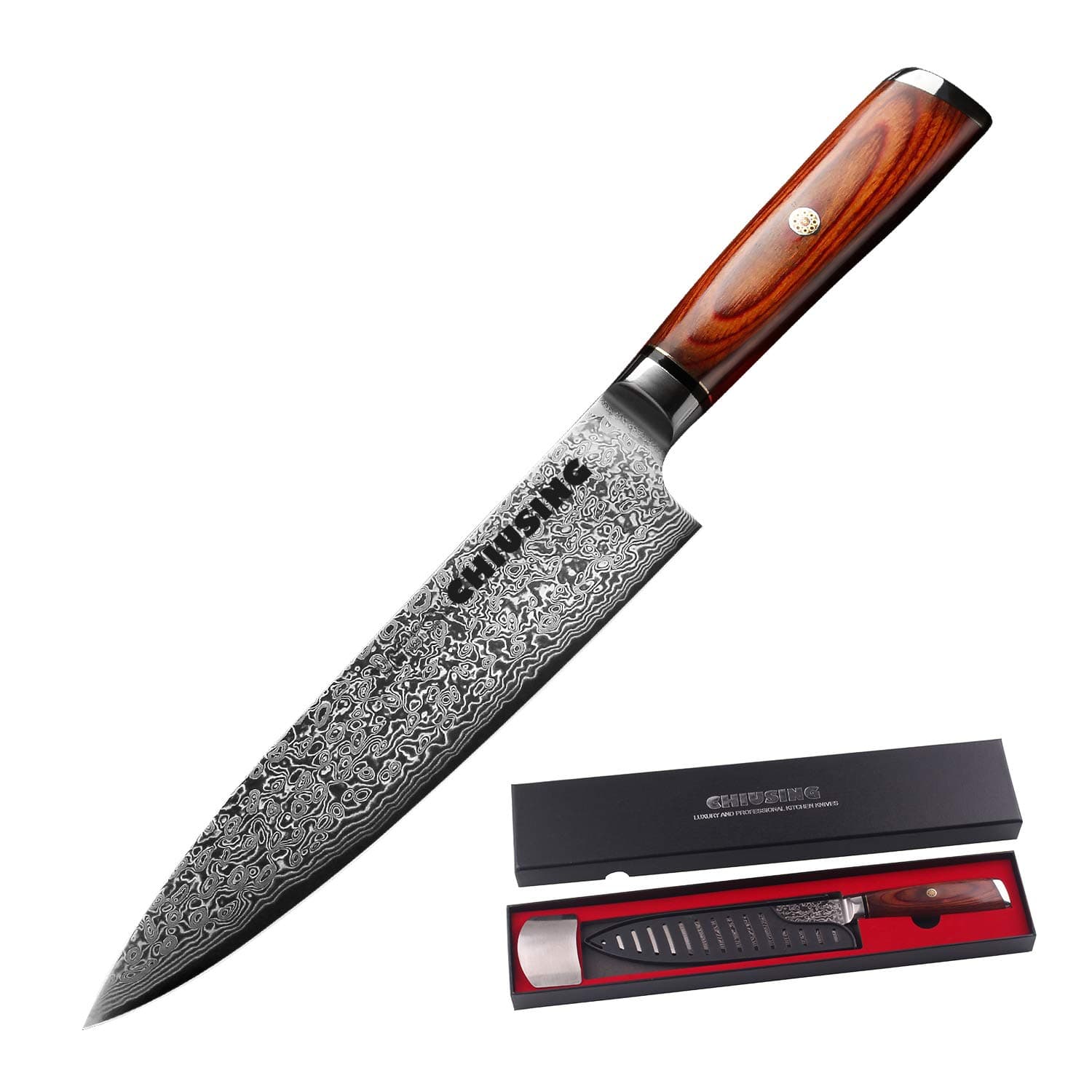 Damascus Chefs Knife, CHIUSING 67-layer Handmade 8 inch Damascus Chef Knife, AUS10 Damascus Super Steel Ultra Sharp pakka wood handle