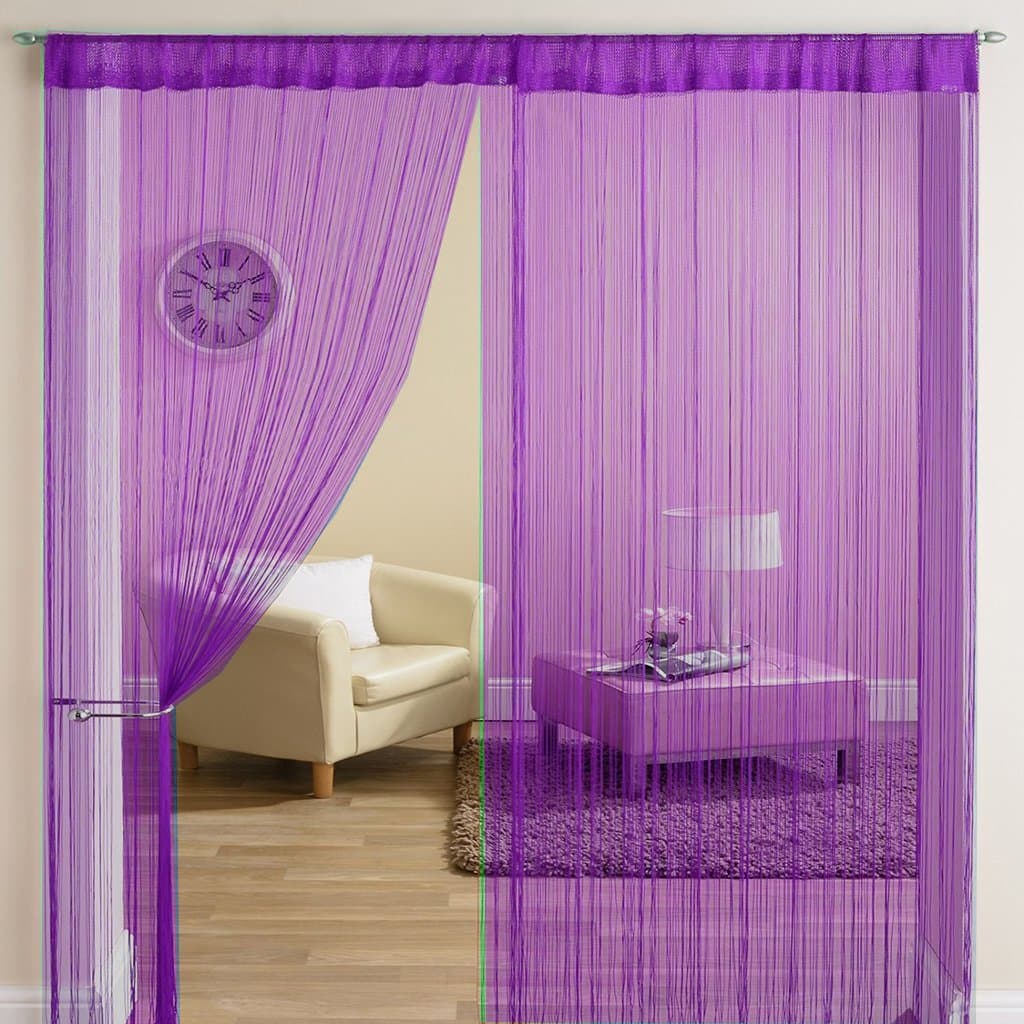 HFI 2 Piece Solid Tabtop Polyester Threads String Curtain - Door - 7 feet, Purple, Semi Transparent Curtain