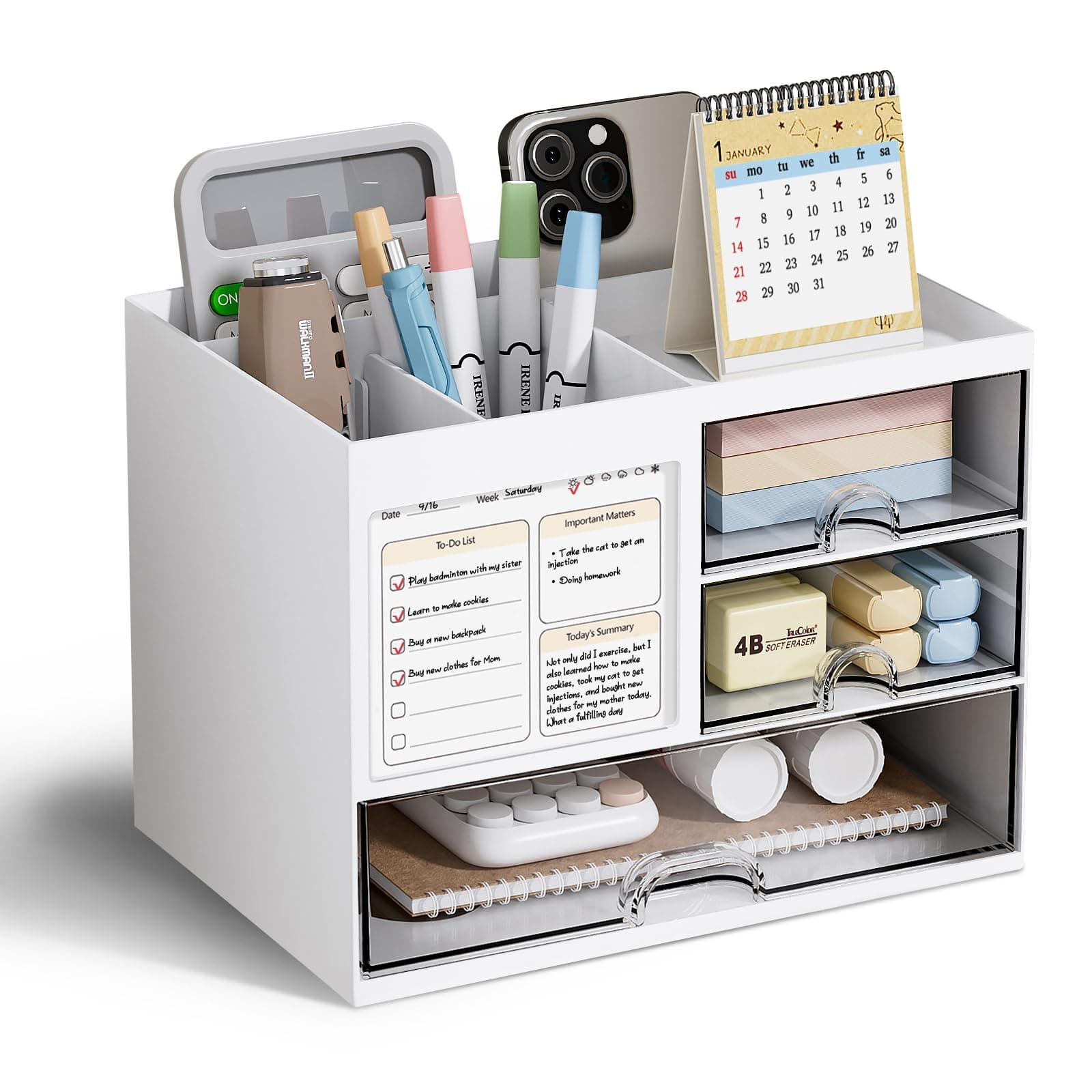 tomoneed Desk Organizer with 3 Drawers, White Plastic Storage for Office Supplies and Makeup – Ideal for Students and Office Workers
