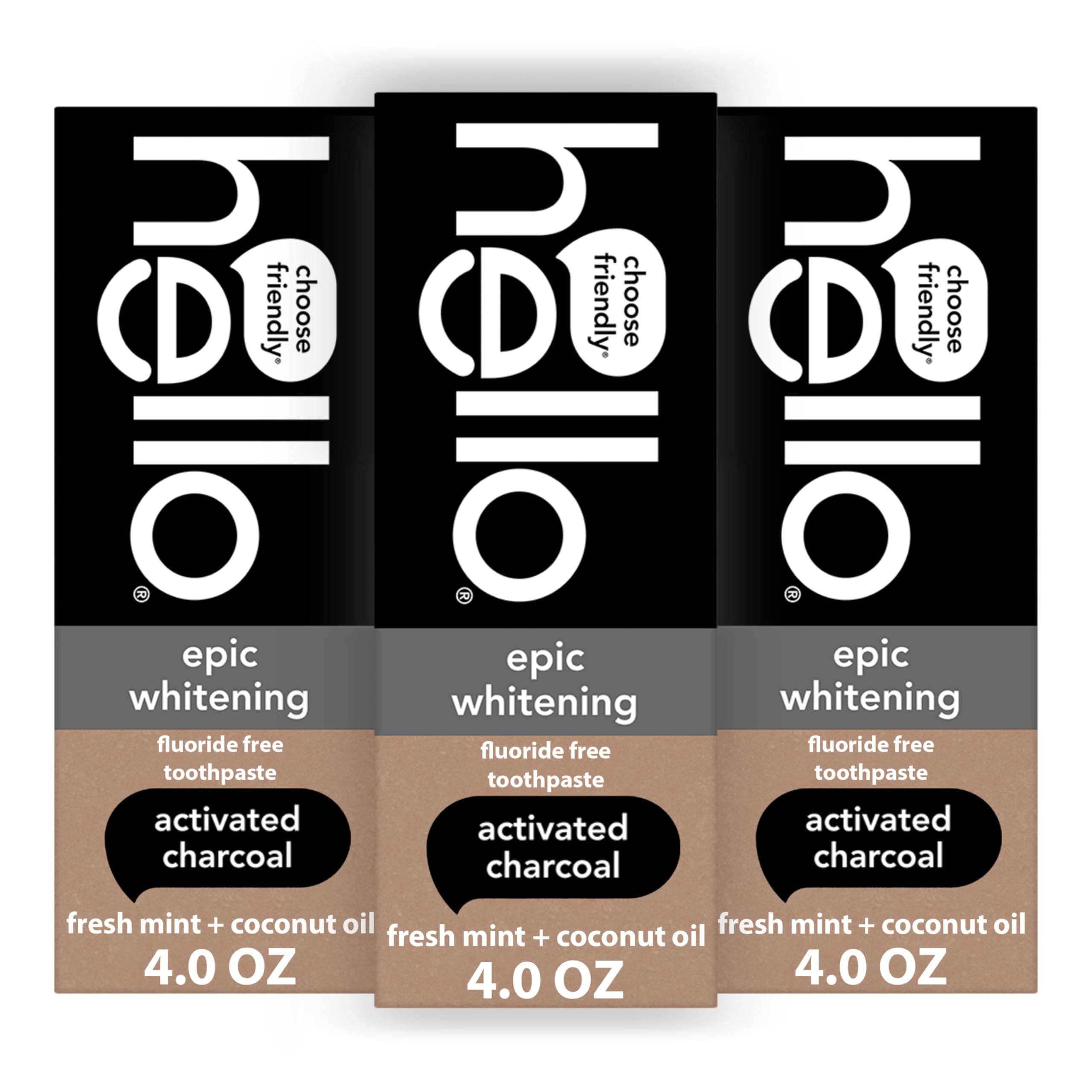 hello Epic Whitening Charcoal Fluoride Free Toothpaste, Activated Charcoal Toothpaste with Coconut Oil, Whitens Teeth Naturally, SLS Free, Fresh Mint, 3 Pack, 4.0 Oz Tubes