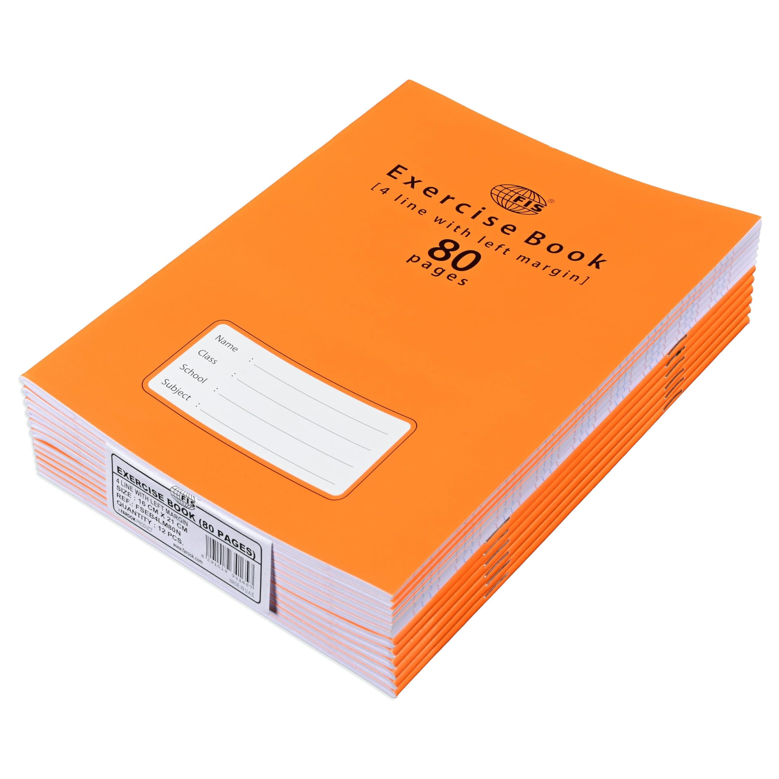 Exercise Book, Size 165x210mm, 40 Sheets, 80 Pages, 4 Line with Left Margin, Packet of 12 Pieces, Neon Orange Cover with Mathematical Info-FSEB4LM80N