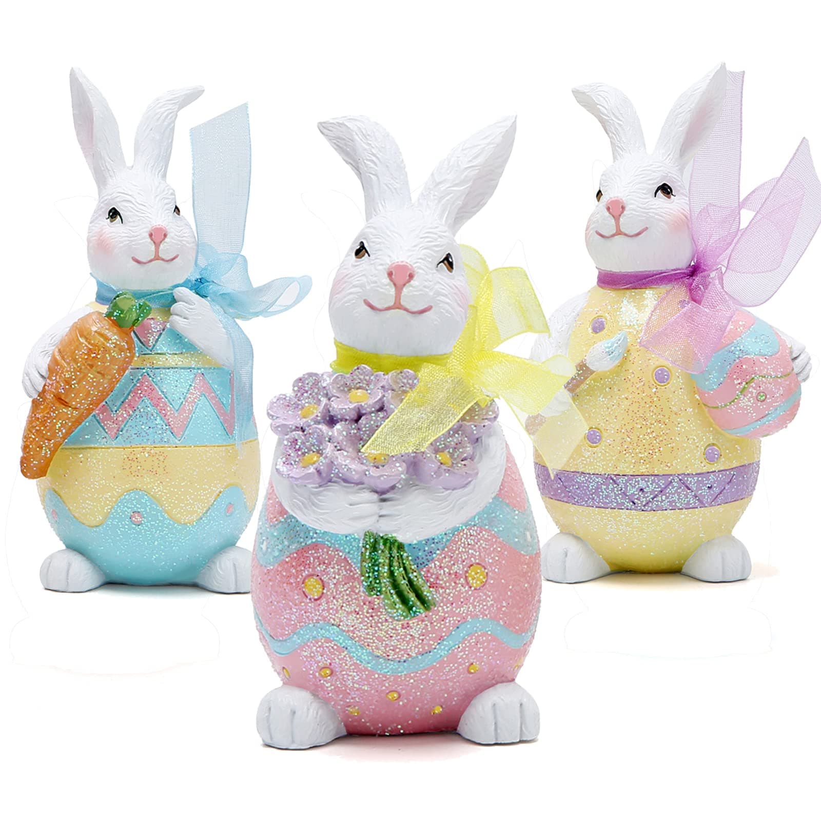 Hodao Set of 3 Easter Bunny Egg Decorations Spring Easter Rabbit Decors Figurines Tabletopper Decorations for Party Home Holiday Cute Rabbit Easter Day Decorations