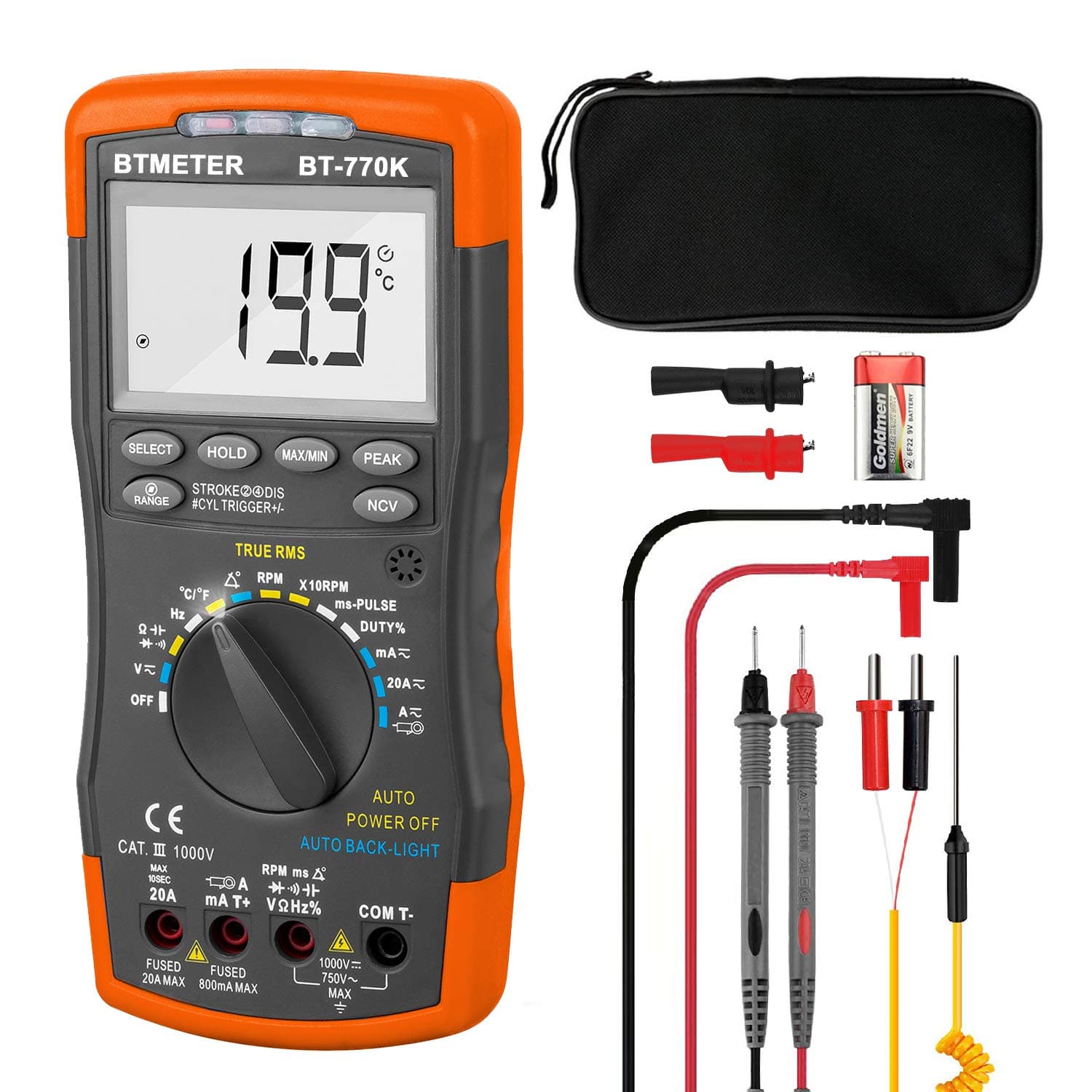 BTMETER Automotive Multimeter, BT-770K Auto Ranging Engine Analyser for Dwell Angle Pulse Width Tach Temperature Duty Cycle Voltage Current Resistance Test