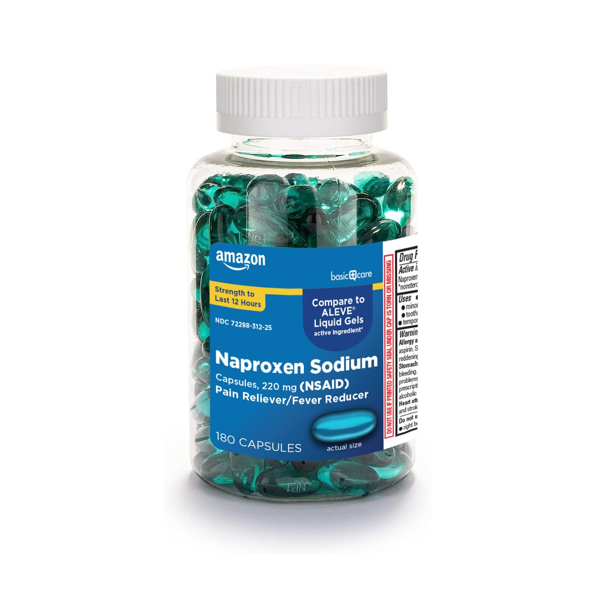 Amazon Basic Care Naproxen Sodium 220 mg Liquid Gels, Pain Reliever/Fever Reducer (NSAID), Headache, Backache, Menstrual Pain, Arthritis Pain, 12-Hour Relief, 180 Count (previously A+ health)