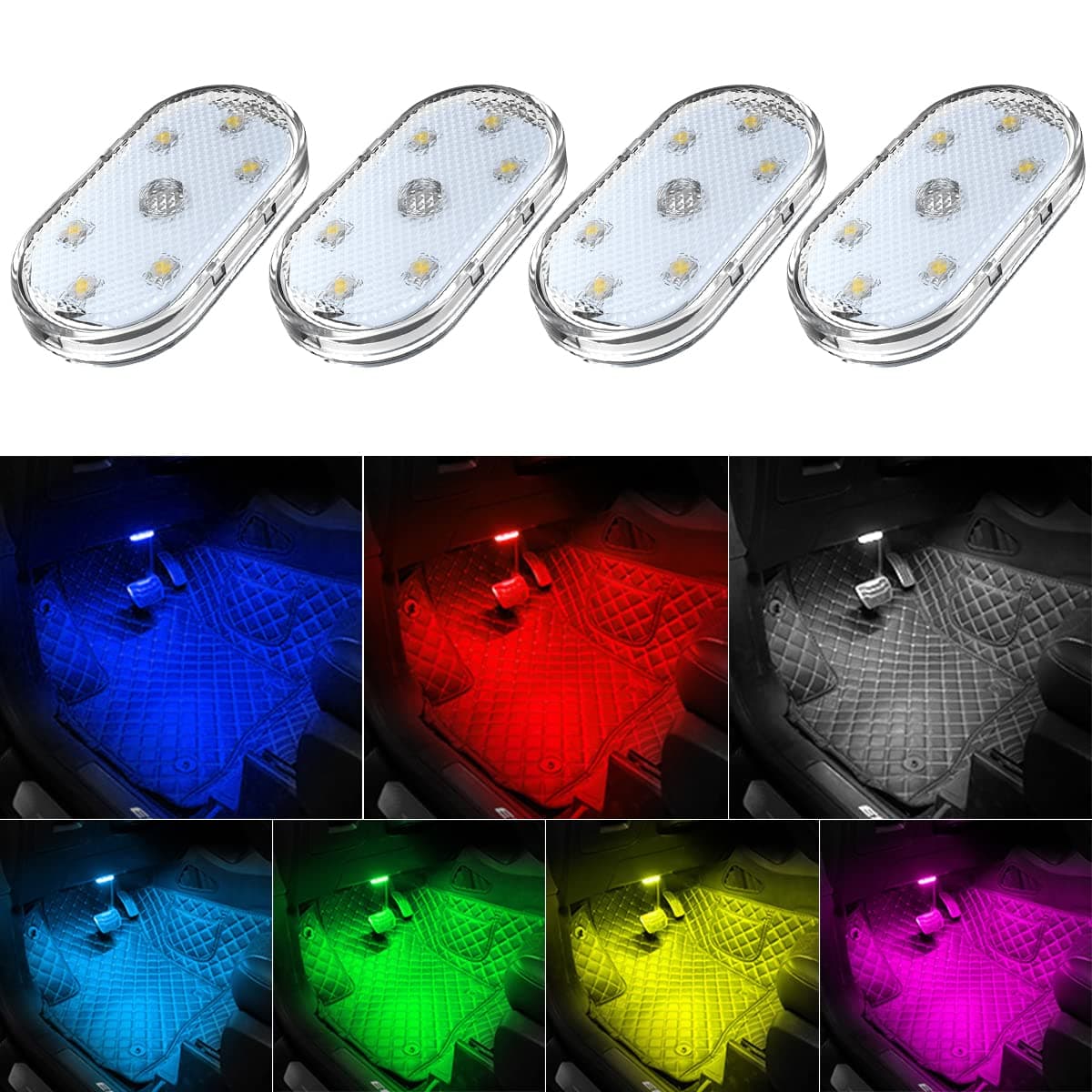4Pcs Car LED Lights Interior Wireless, 7 Colors Interior Car Lights with 6 Bright LED Lamp Beads, Portable USB Rechargeable Car Interior Led Night Light for Car Decor
