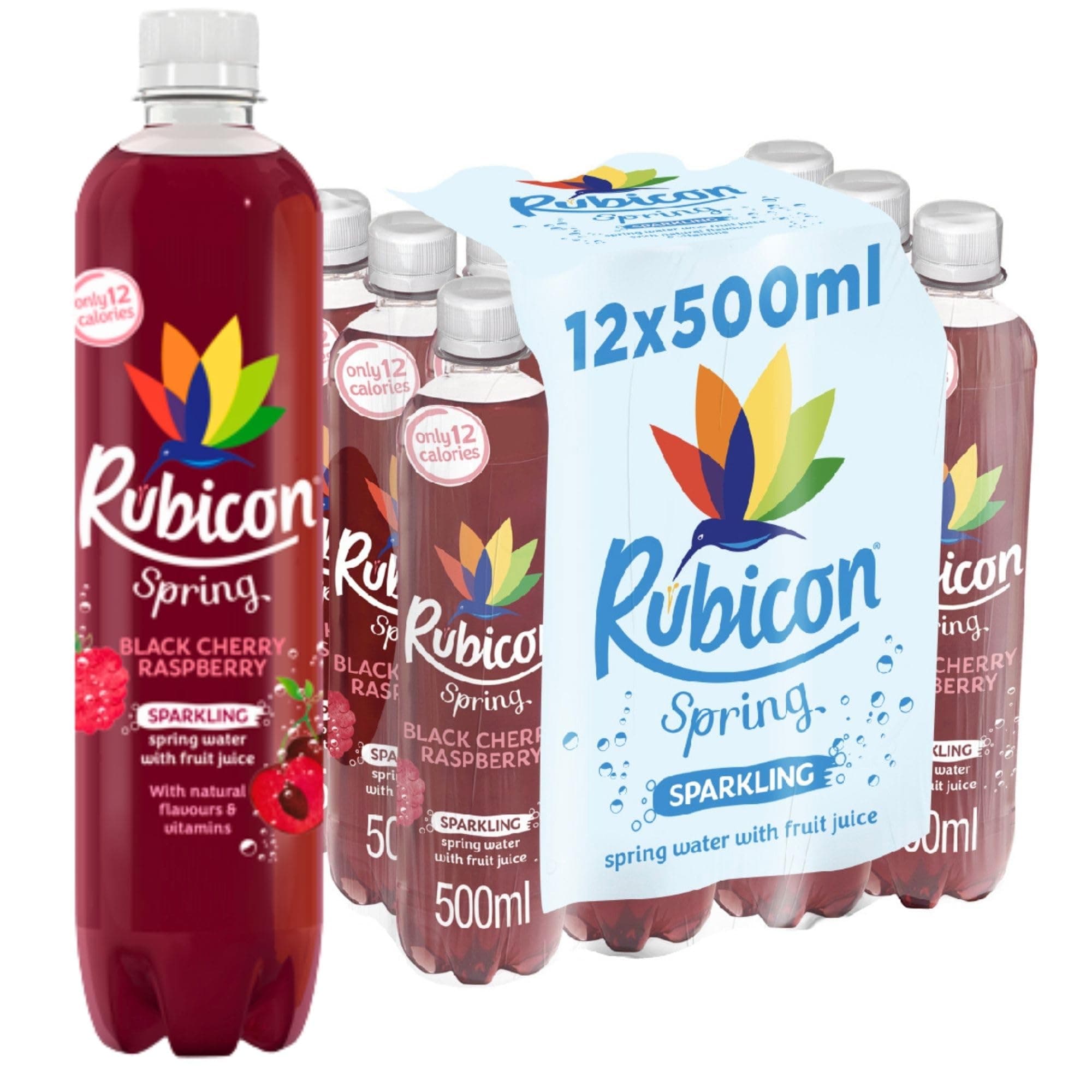 Spring 12 Pack Black Cherry Raspberry, Sparkling Spring Water with Real Fruit Juice & Natural Flavours, Only 13 Calories - 12 x 500ml Multipack Bottles