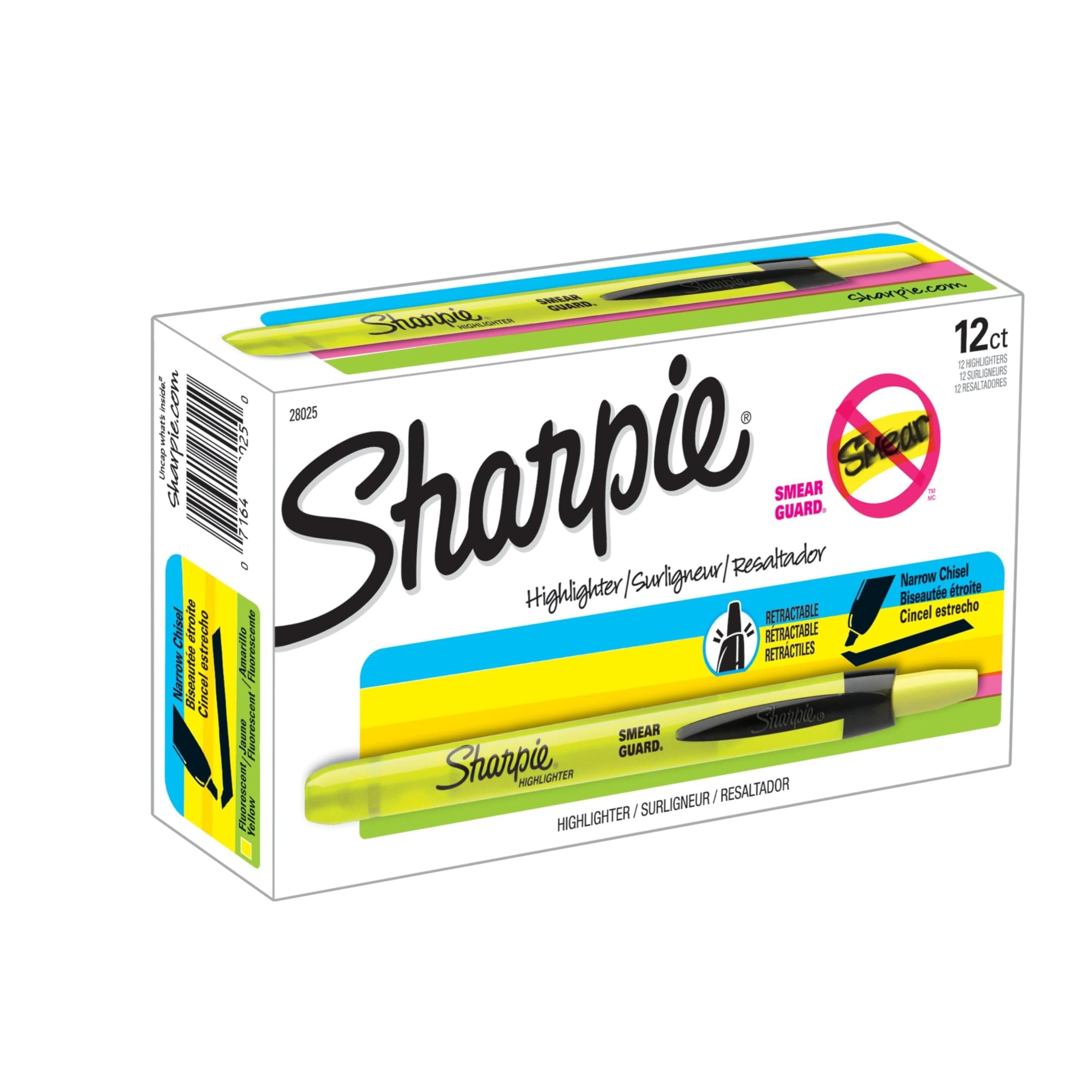 Sharpie Retractable Highlighters, Chisel Tip, Fluorescent Yellow, 12 Count