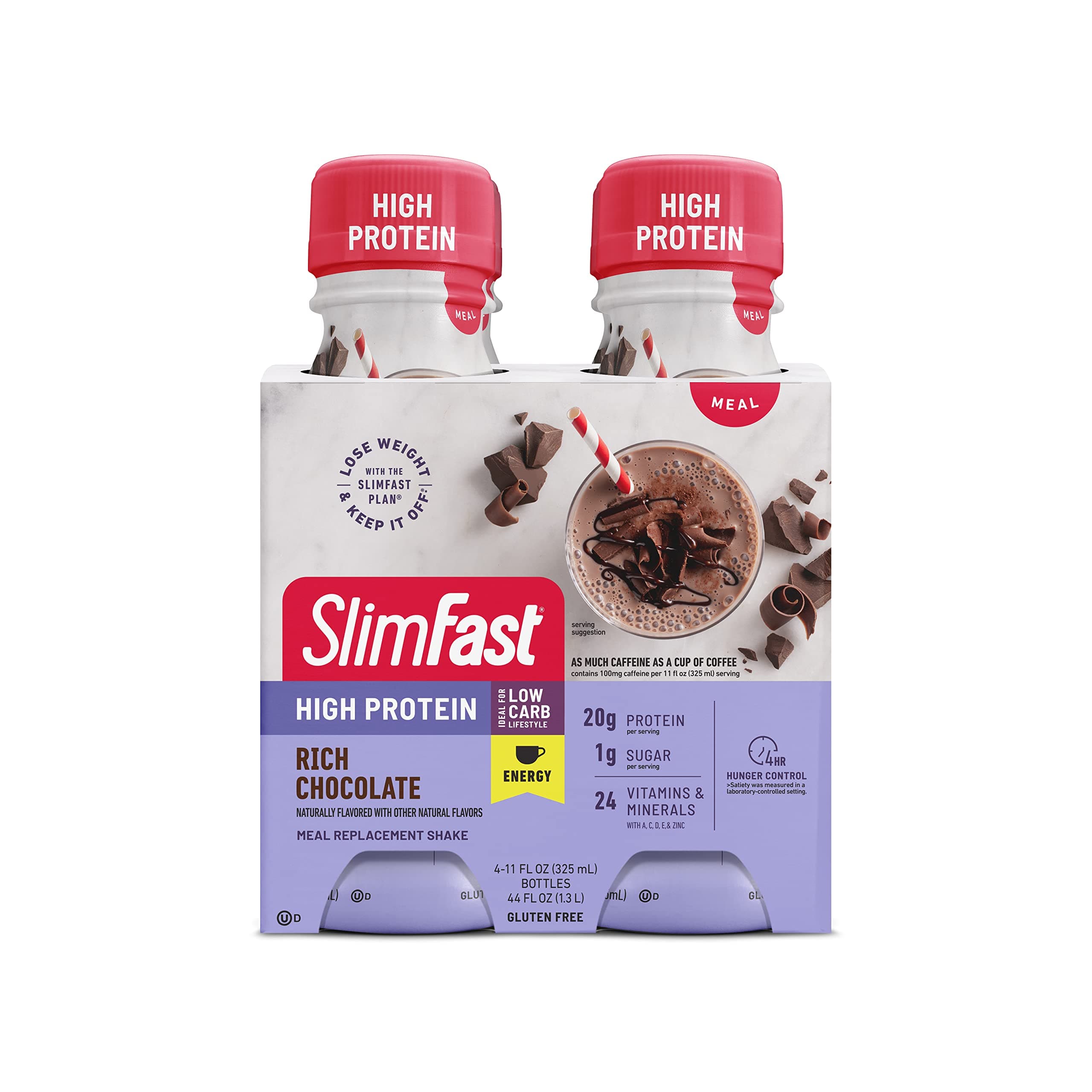 SlimFast Advanced Energy High Protein Meal Replacement Shake, Rich Chocolate, 20g of Ready to Drink Protein with Caffeine, 11 Fl. Oz Bottle, 4 Count (Packaging May Vary)