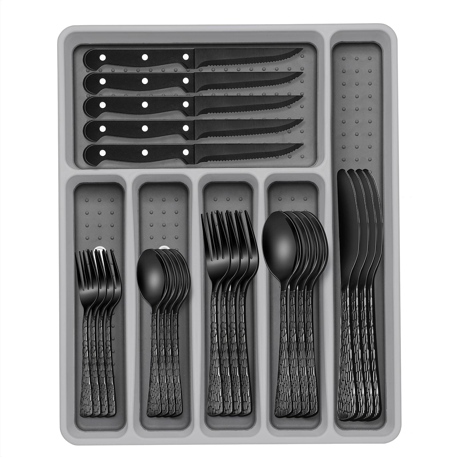 49-Piece Black Silverware Set with Organizer, Food-Grade Stainless Steel Black Flatware for 8, Cutlery Utensil Sets with Steak Knives, Rust-proof, Mirror Polished, Dishwasher Safe, Tree Pattern