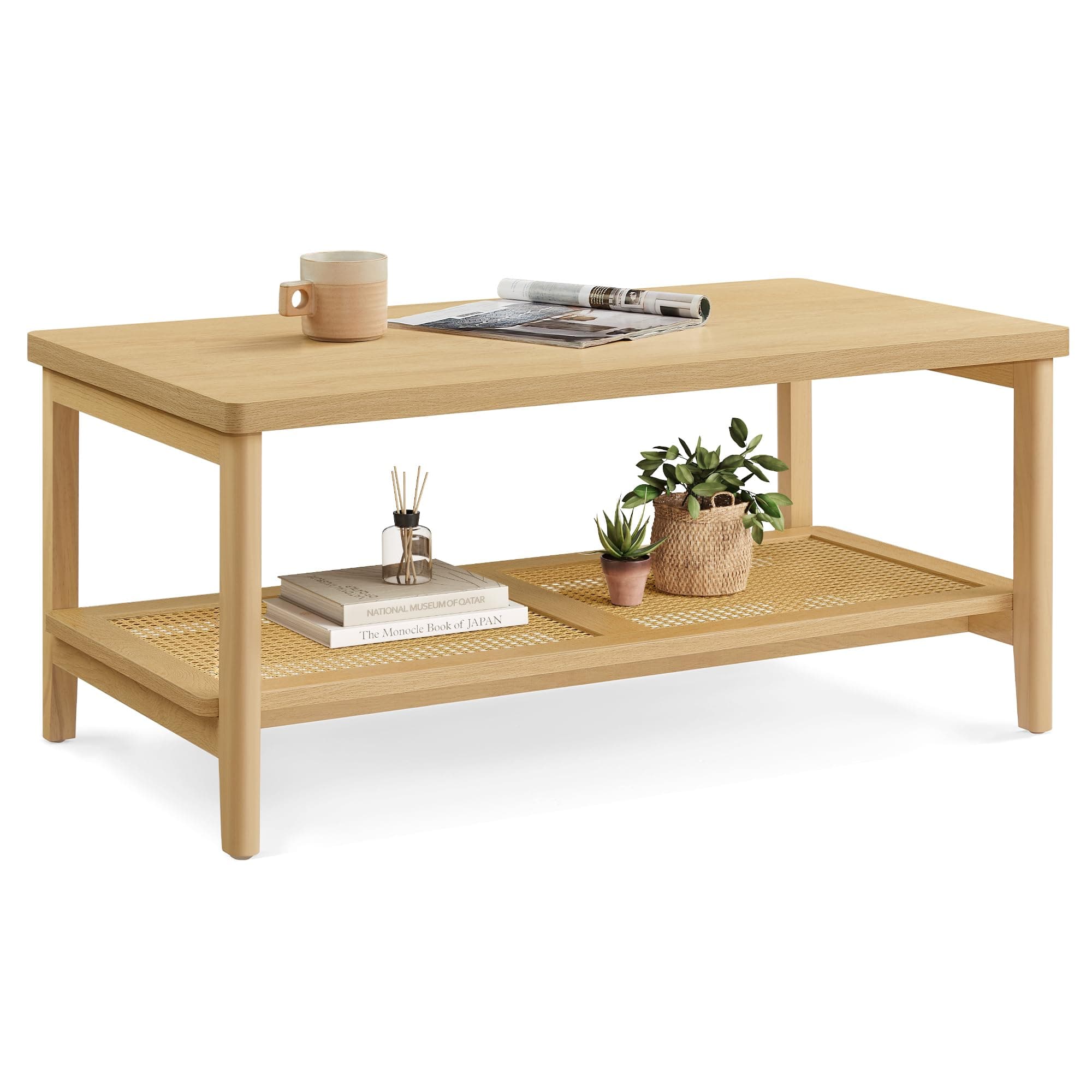 VASAGLE 2-Tier Coffee Table for Living Room, Rectangular Living Room Table, with PVC Rattan Storage Shelf, Rounded Corners, Easy Assembly, Boho Style, 21.7 x 39.4 x 17.7 Inches, Oak Beige ULCT240Y57