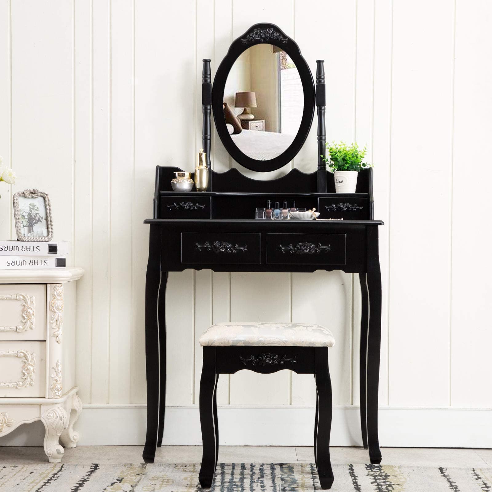 Black Vanity Table with Mirror and Stool Black Bedroom Black Dressing Table with 4 Drawers Small Makeup Table for Women