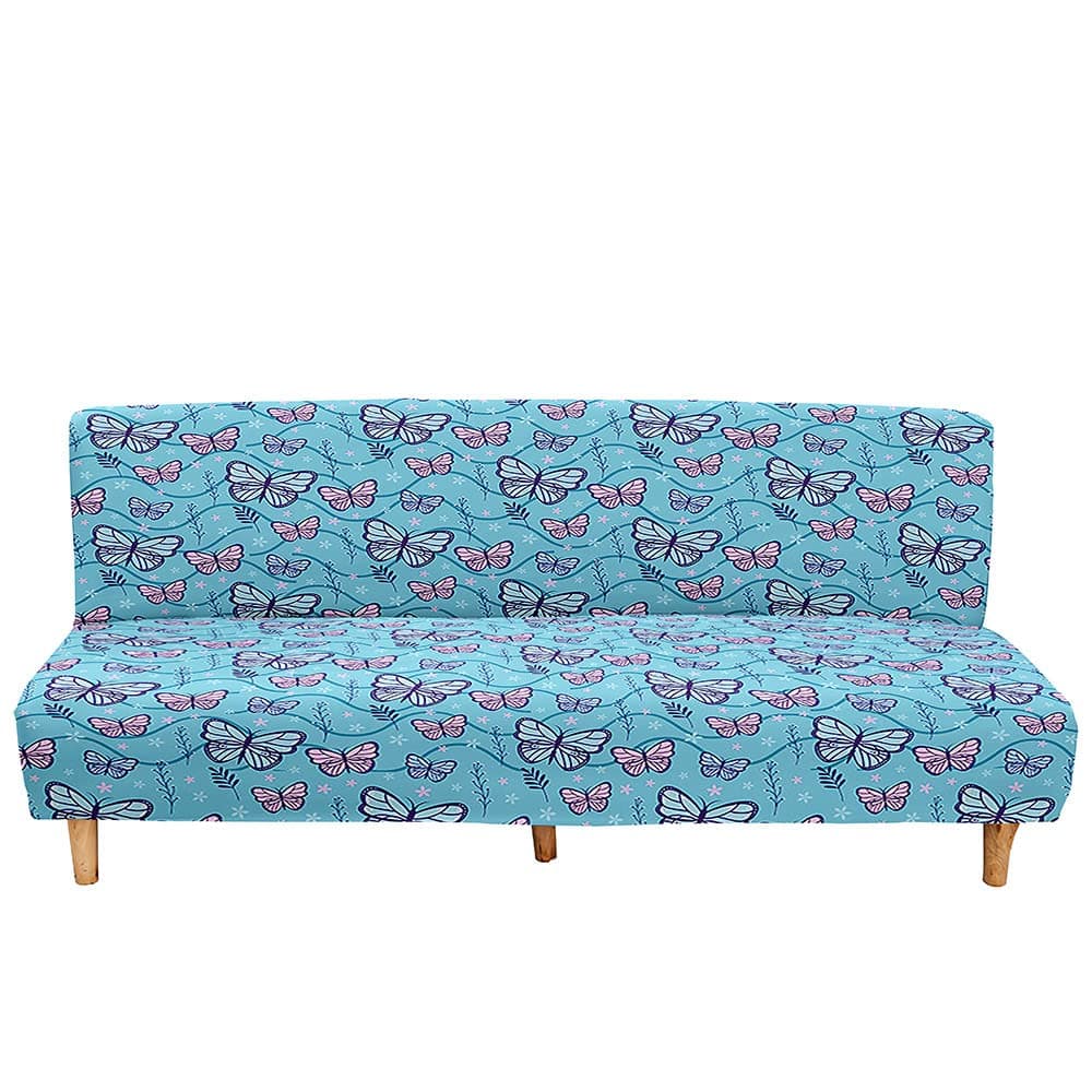 Mateju Armless Sofa Bed Cover, Butterfly Pattern Folding Sofa Bed without Armrests, Non Slip Stretch Futon Slipcover Protector for 2-3 Seater, Washable Couch Bed Slipcovers (blue,120-150cm)