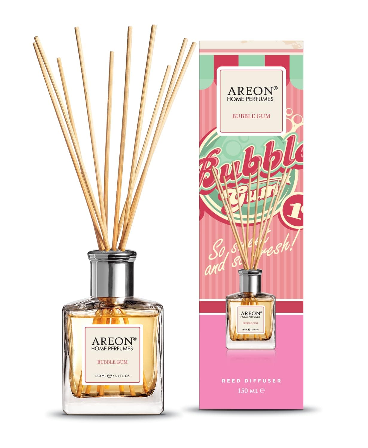 Areon Reed Diffuser/Bubble Gum / 150ml / 1 Pack/Perfume for Home or Office Long Lasting Aroma Reed Stick Kit for Diffuser