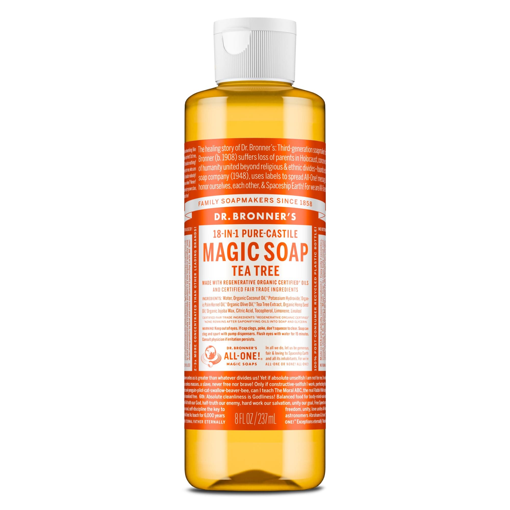 Pure-Castile Magic Soap Liquid (Tea Tree, 8 Ounce) – Made with Regenerative Organic Oils, 18-in-1 Uses for Face, Hair, Laundry, Dishes, Hand Soaps & Body Wash – Natural, Vegan, Non-GMO