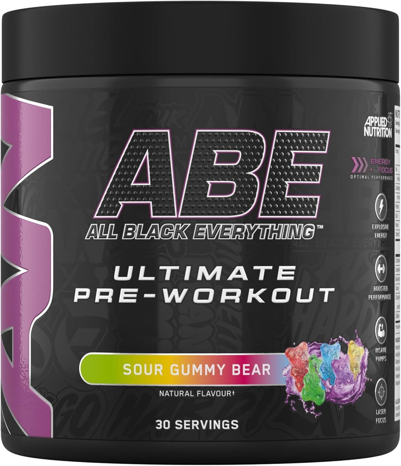 Applied Nutrition ABE Pre Workout - All Black Everything Pre Workout Powder, Energy & Physical Performance with Citrulline, Creatine, Beta Alanine (375g - 30 Servings) (Sour Gummy Bear)
