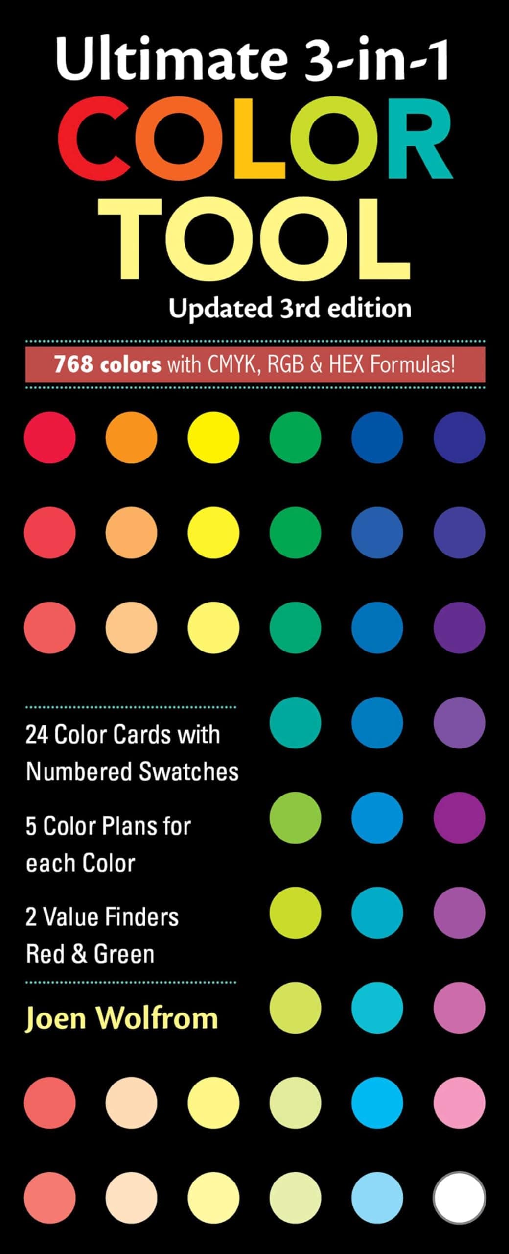 Ultimate 3-in-1 Color Tool 3rd Edition: • 24 Color Cards with Numbered Swatches • 5 Color Plans for each Color • 2 Value Finders Red & Green • 816 Colors with CMYK, RGB & HEX Formula