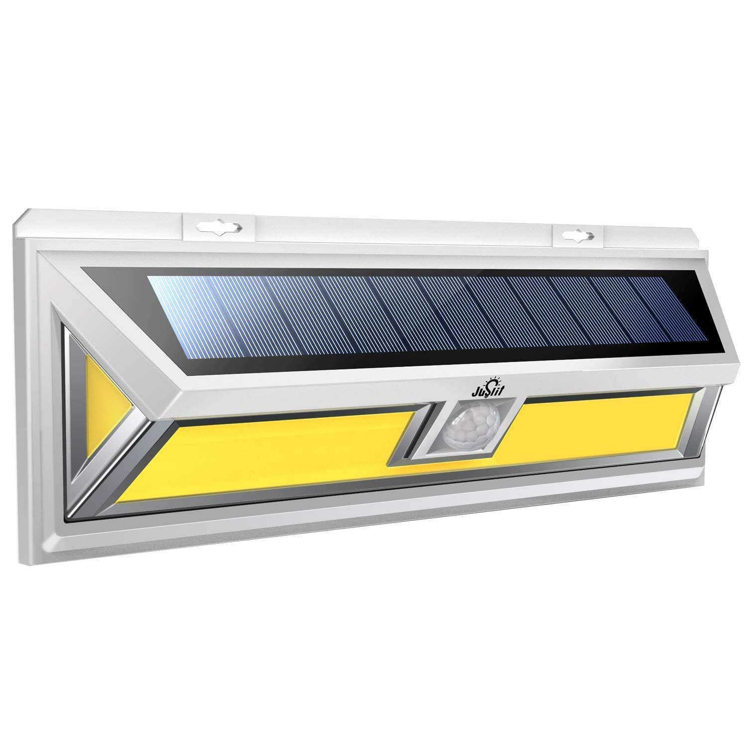 JUSLIT Solar Lights Outdoor, 144 COB LEDs Motion Sensor Light, 2 Modes Wireless Security Wall Lighting W/ 270° Wide Angle, IP65 Waterproof for Patio, Garden, Deck, Porch, Pathway, Garage (MAX 1PK)