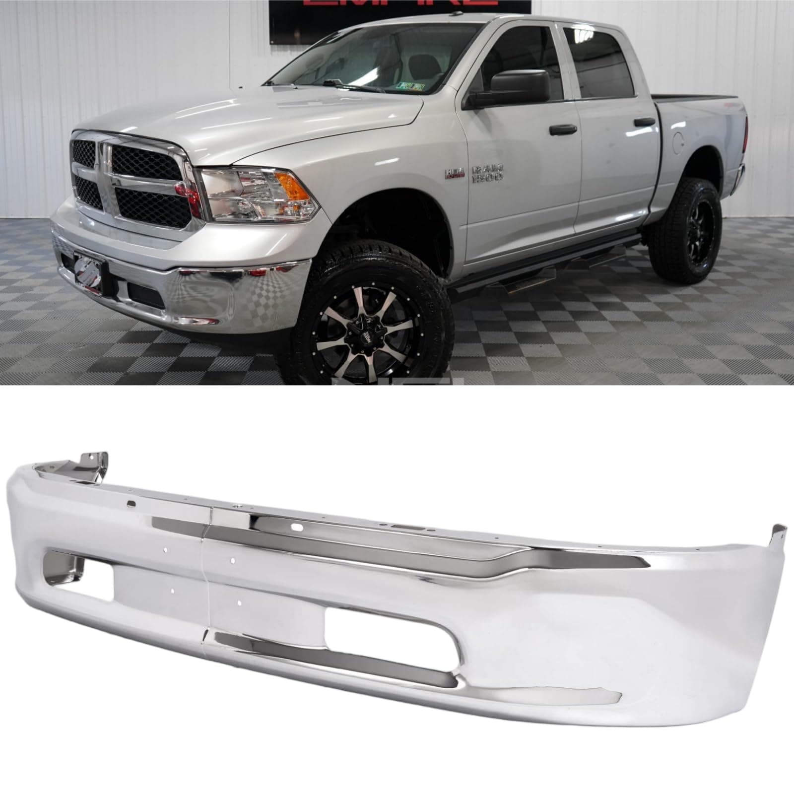 Front Bumper Compatible with 2013-2018 Dodge Ram 1500, Chrome Truck Automotive Steel Replacement Bumpers Face Bar, with Fog Light Holes & Sensor Holes (Style L)