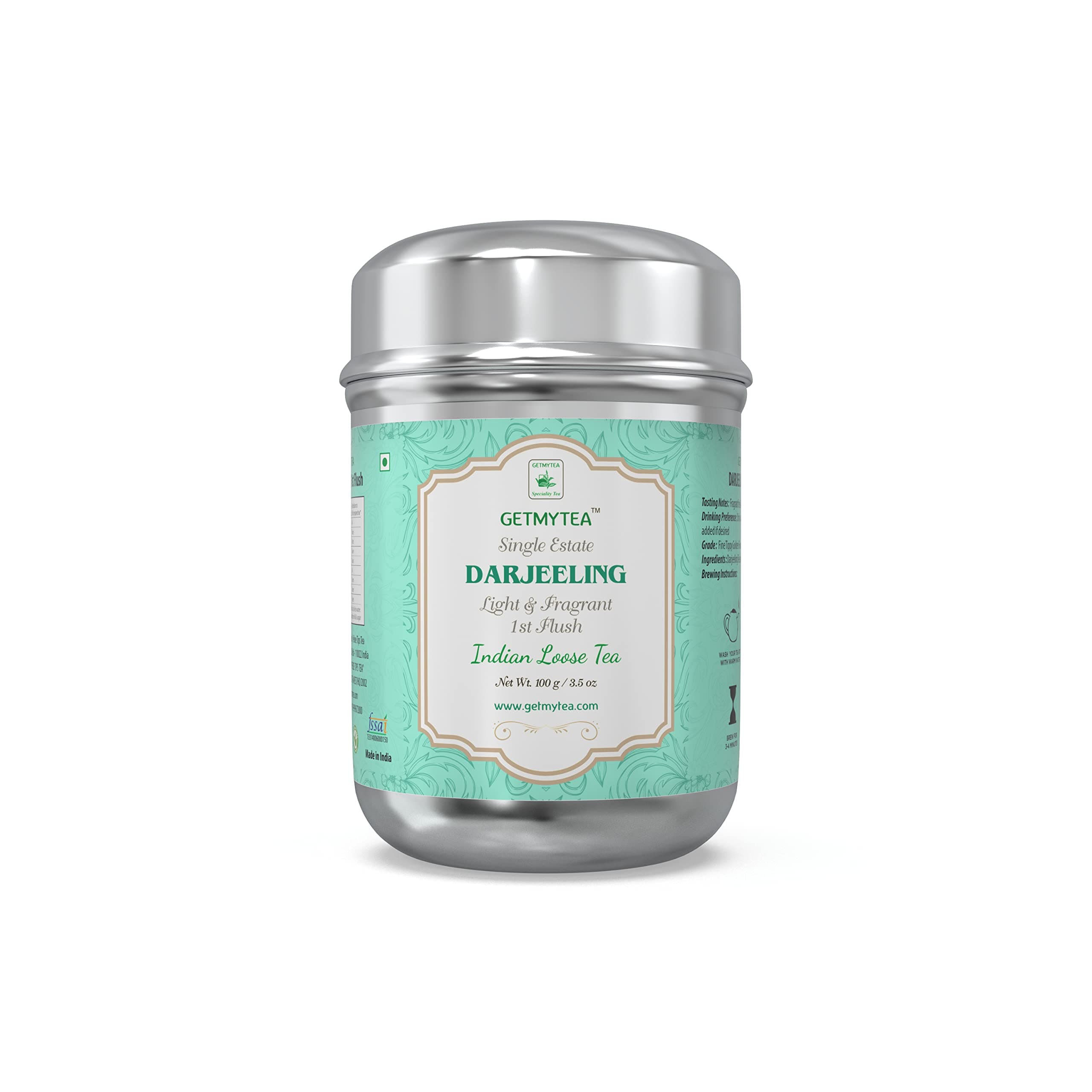 PEKOETIPS Darjeeling Tea First Flush Can | Darjeeling Long Leaf Tea | Light & Fragrant Flavor | Real Gold | Loose Leaf | Stainless Steel Jar | 100 Grams | 50 Cups