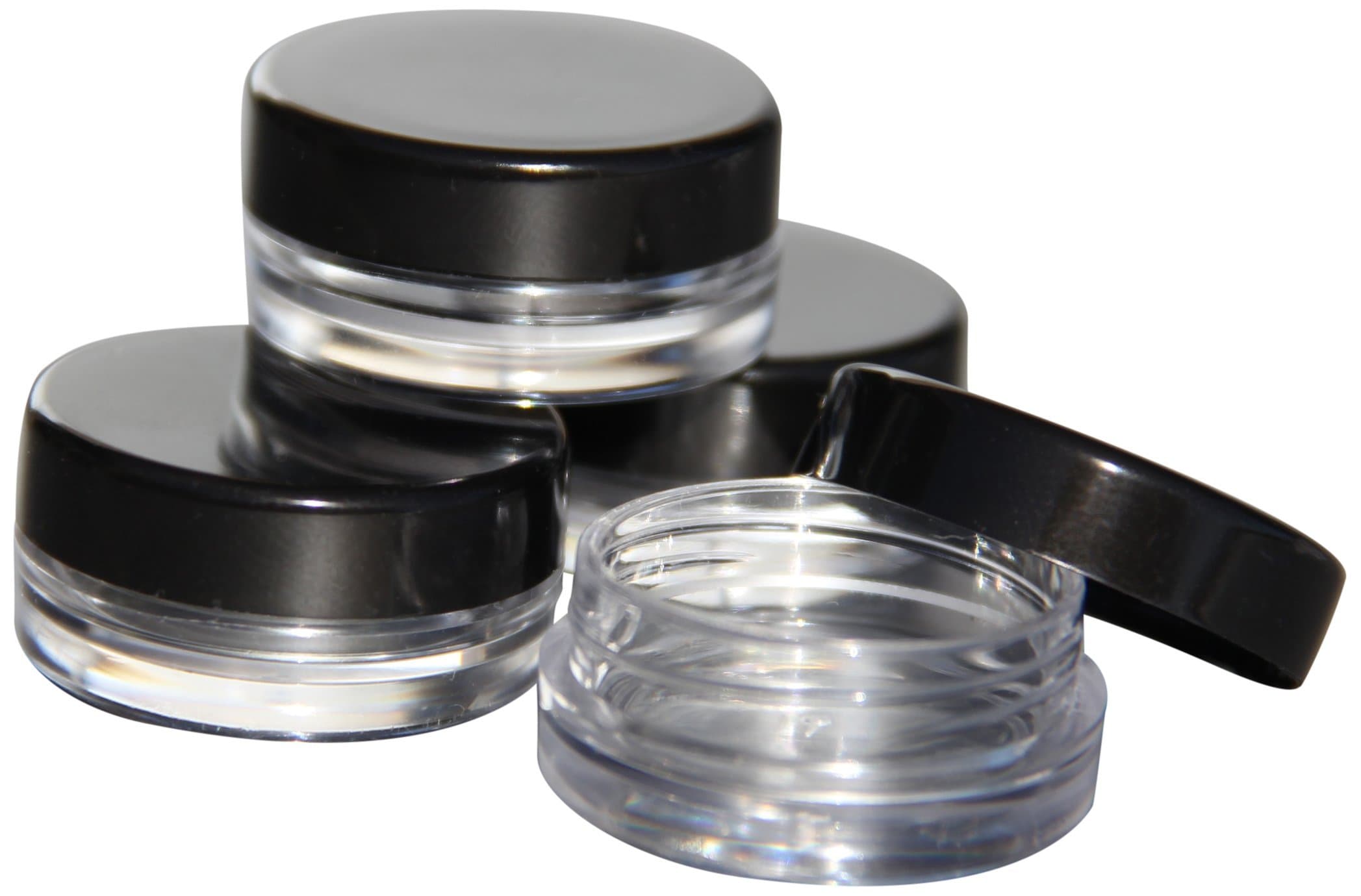 Dante Disposables Cosmetic Container Sample Jars, 3g/3ml, 100 Count with 100 Labels - Clear Jars w/Black Lids