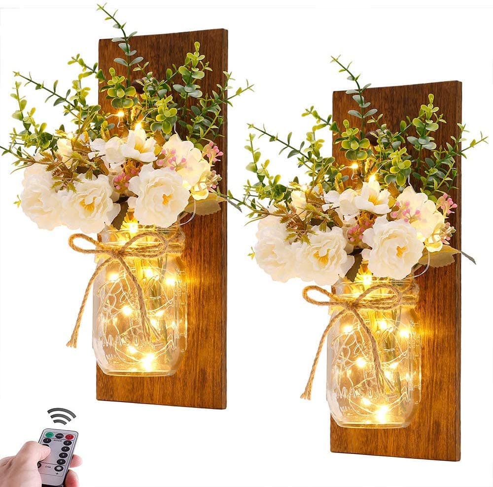 Rustic Wall Sconces Mason Jar Sconces Handmade Wall Art Hanging Design with Remote Control Fairy Lights and White Peony, Farmhouse Kitchen Decorations Wall Home Decor Lights 2 pack (Peony+brown Board)