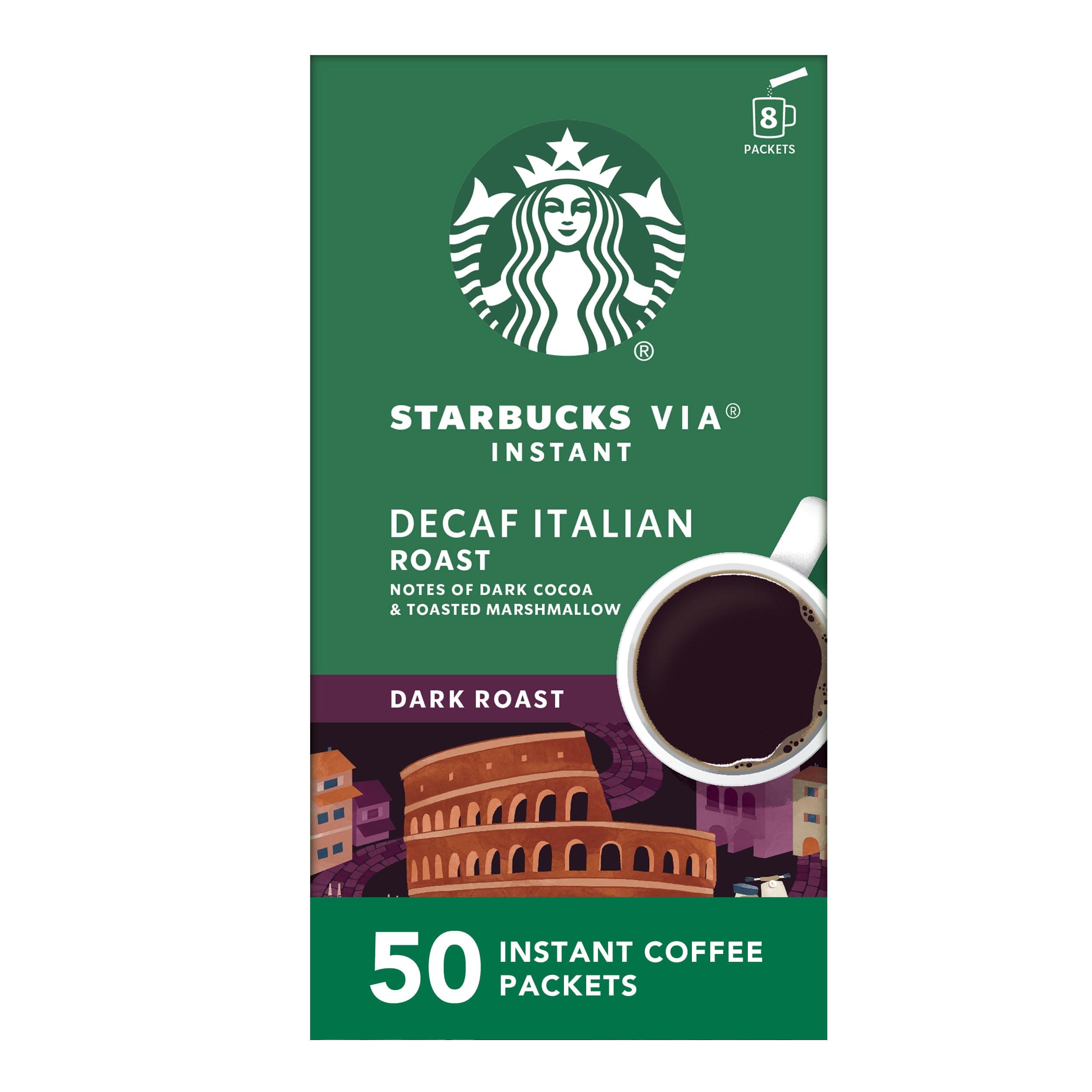VIA Instant Coffee Packets, Single Serve, Dark Roast Coffee, Decaf Italian Roast, 50 Packets
