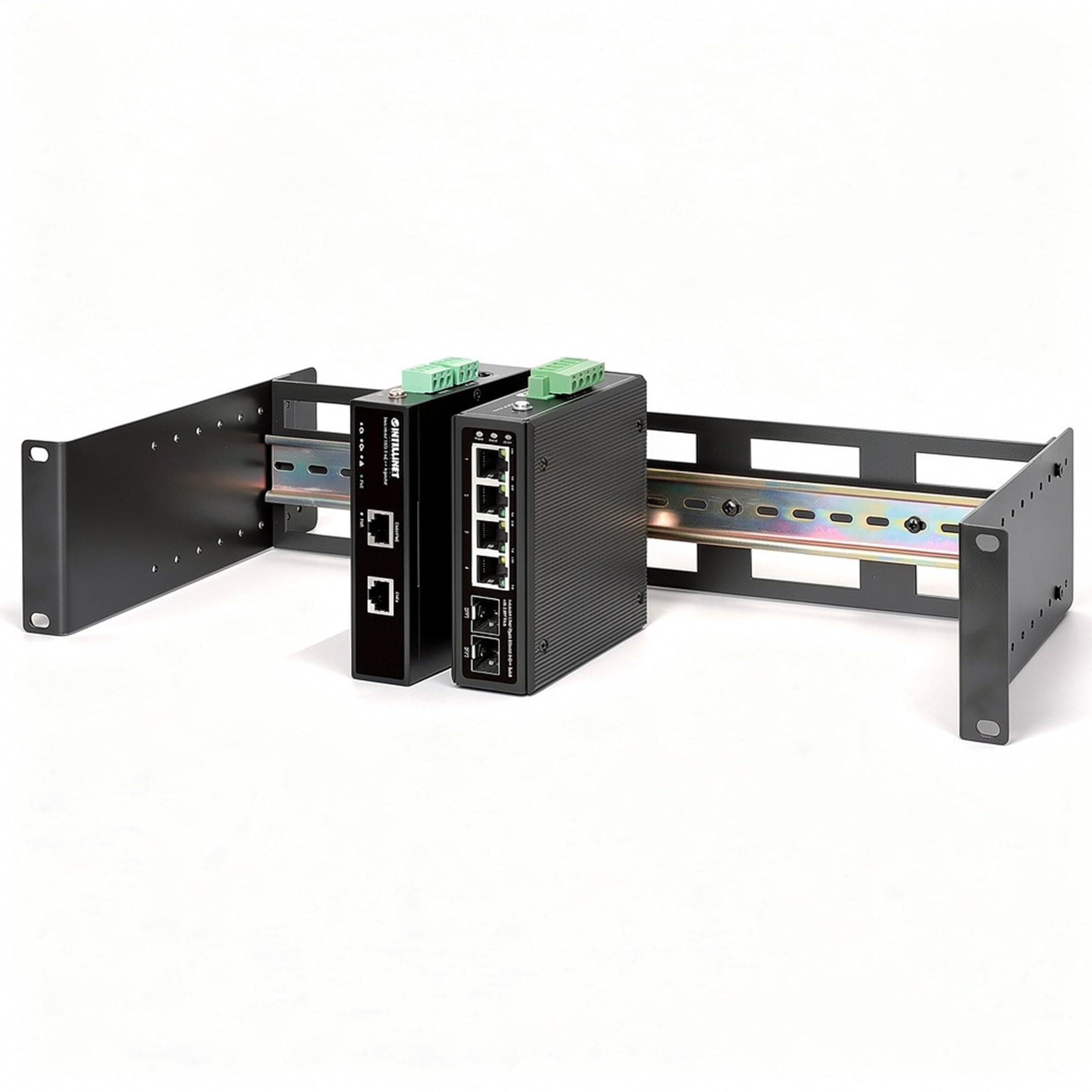 Intellinet 2U Adjustable 19-Inch Rackmount DIN Rail Kit, Depth-Adjustable 48–174 mm, Heavy-Duty Aluminum, 9 kg Load, Mounting Hardware Included - 716345