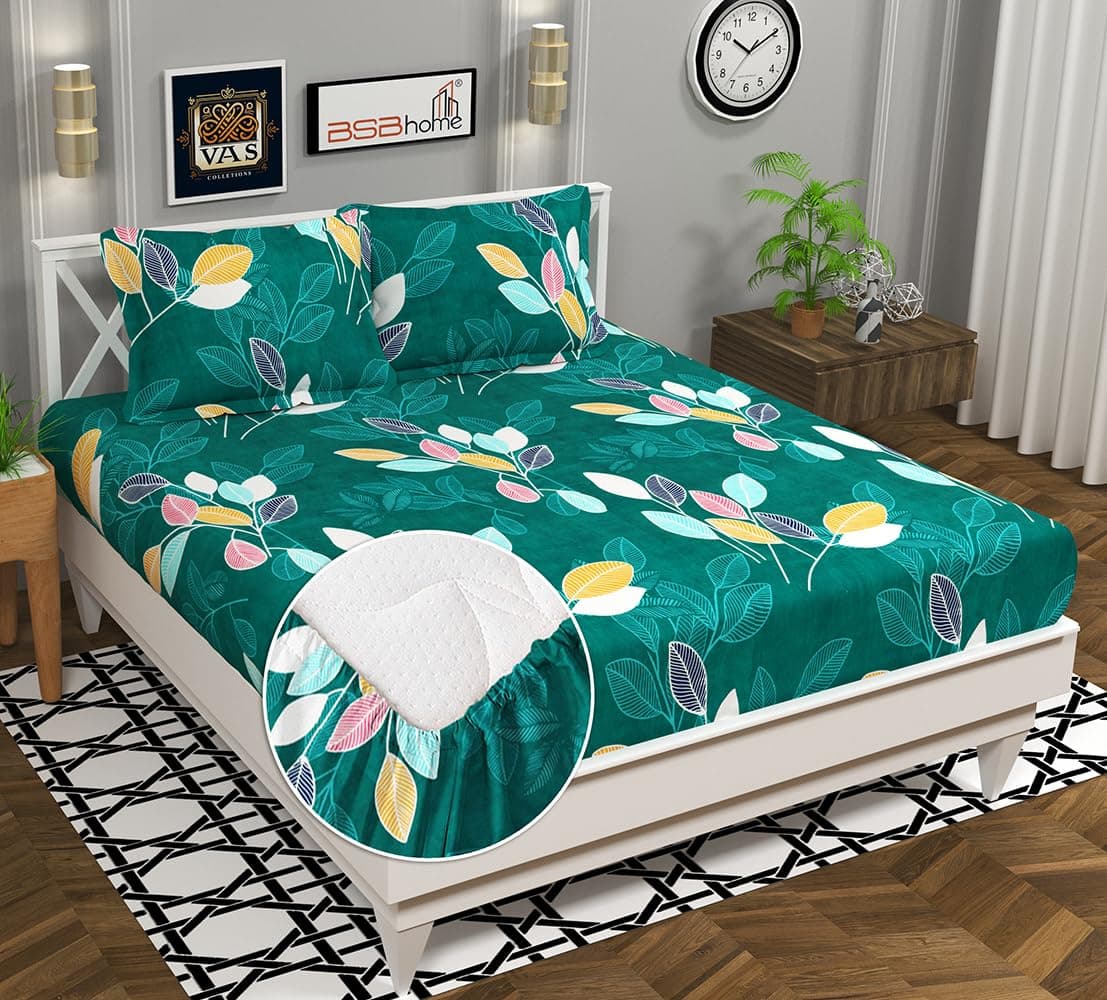 BSB HOME 160 TC Cotton Rich Elastic Fitted Bedsheets with 2 Pillow Covers|Double Bed with Corner Fit Wrinkelfree Supersoft Floral Pattern Breathable |Size-72x68+6 inches|Dark Green and Rust