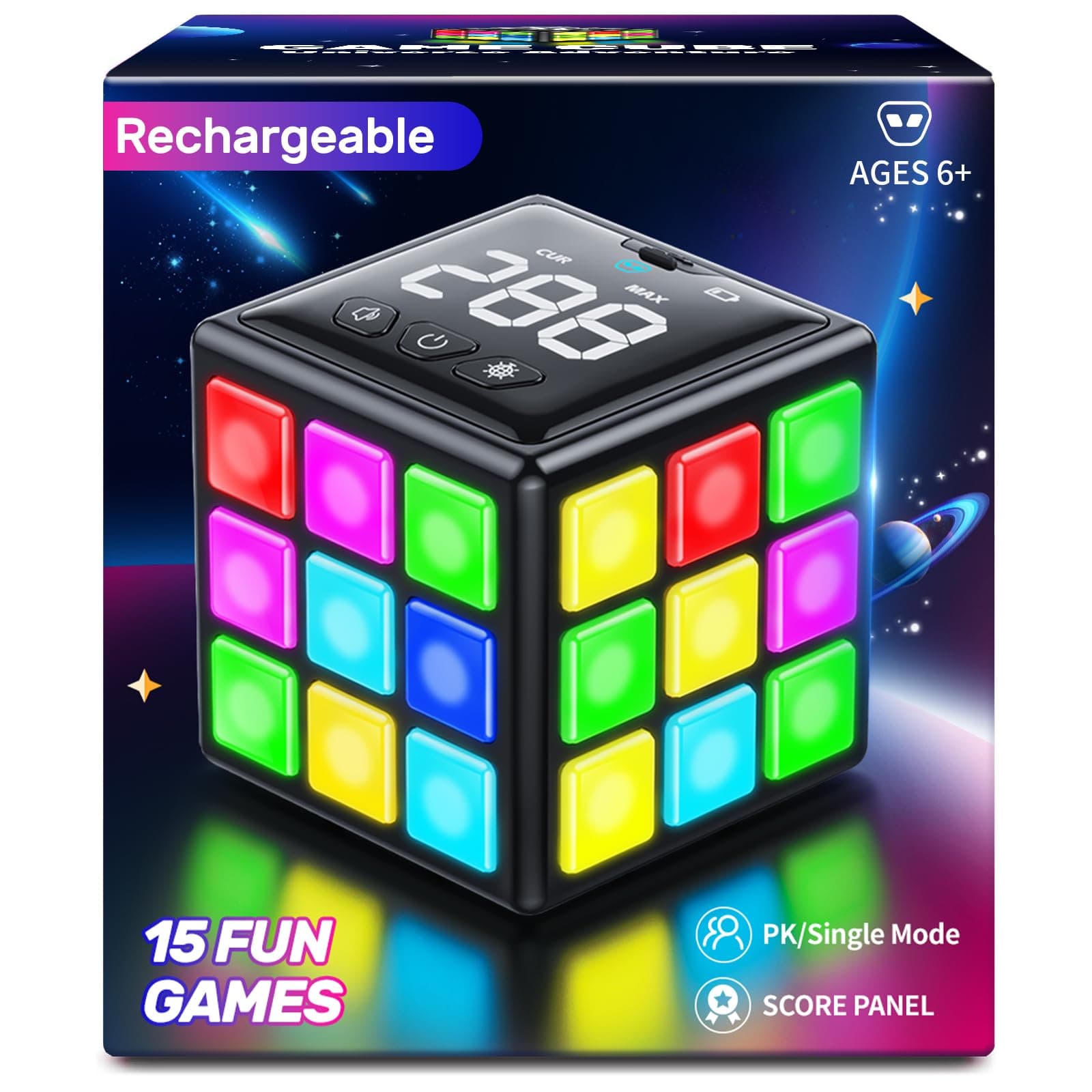 Niufunmal Rechargeable Puzzle Cube with Games - 15-in-1 Fun Brain Memory & Speed Games for Kids Teens - Christmas Easter Birthday Gifts for Boys Girls Ages 6-12+ Years Old with Score Screen (Black)