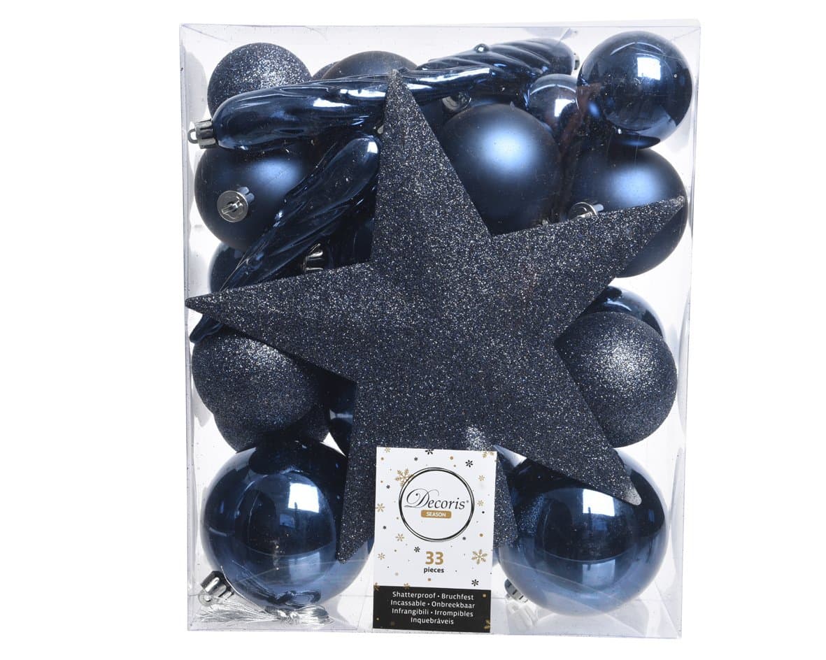 Shatterproof 33 Piece Assorted Midnight Blue/Navy Blue - Christmas Tree Baubles/Decorations & Matching TREE TOPPER