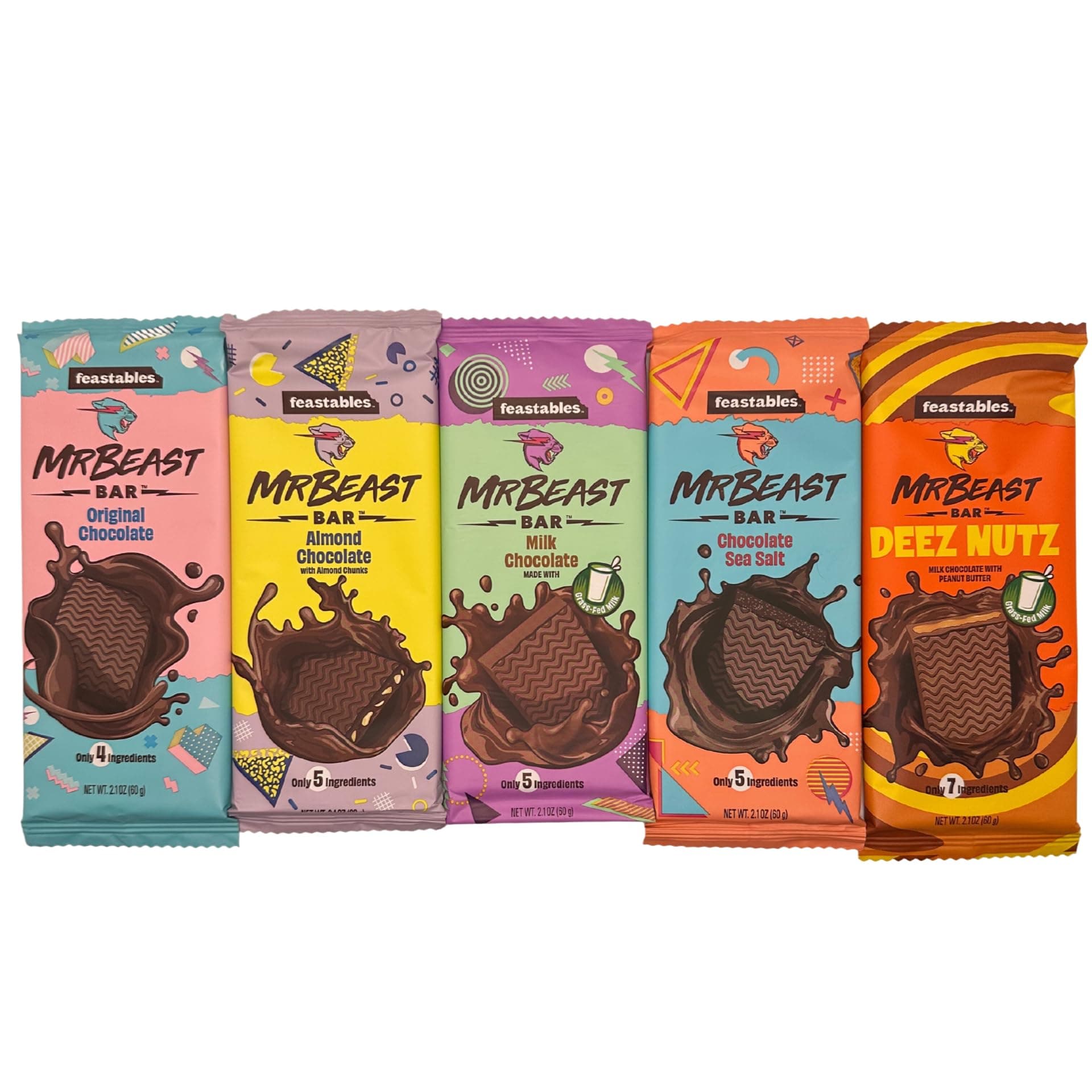 Feastables Mr Beast Chocolate Bars – NEW Deez Nuts Peanut Butter Milk Chocolate, Original Dark, Milk Chocolate, Sea Salt and Almond Chocolate Bars (5 Pack)