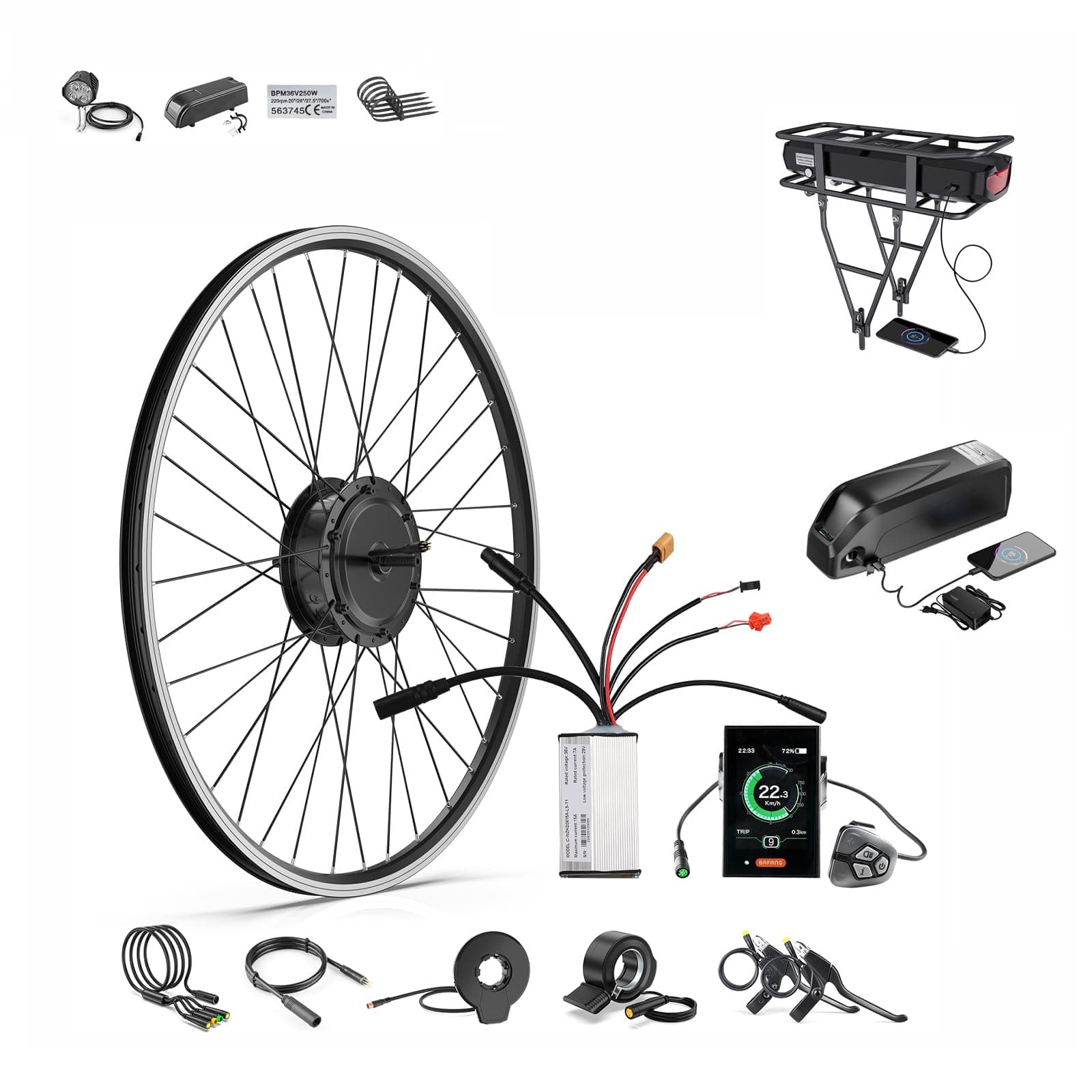 Ebike Conversion Kit with Battery - 48V500W Brushless Geared Front Hub Motor, DIY Electric Bike Motor Kit with Digital Display&PAS,4 Riding Modes for 20"/26"/700C-28-29" MTB City Road Bike