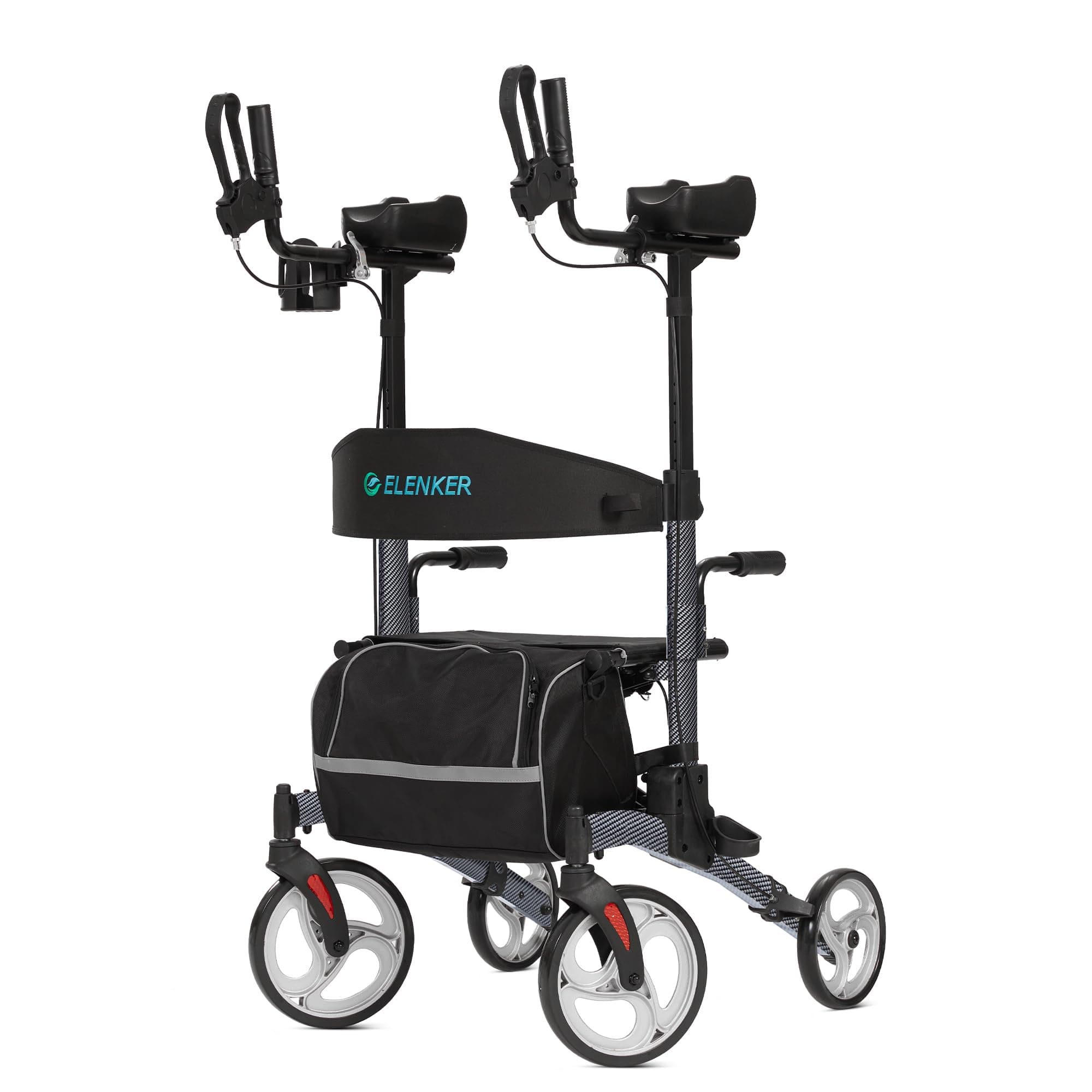 ELENKER Upright Walker, Stand Up Folding Rollator Walker with 10” Front Wheels Backrest Seat and Padded Armrests for Seniors and Adults, Carbon Fiber Black