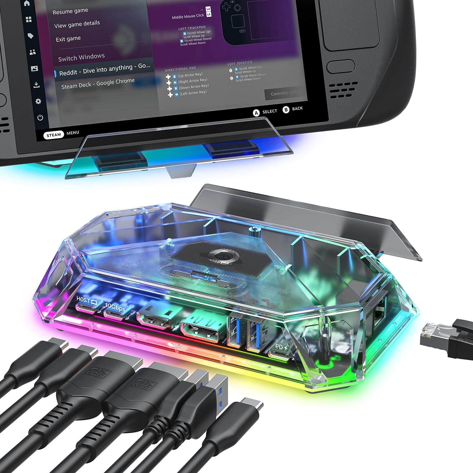 JSAUX RGB Docking Station Steam Deck (OLED)/ROG Ally/Legion Go 12-in-1 Steam Deck Dock 4K@120Hz HDMI DisplayPort Gigabit Ethernet USB C 3.2 USB A 3.2/2.0 SD/TF Slot 3.5mm Jack-Crystal