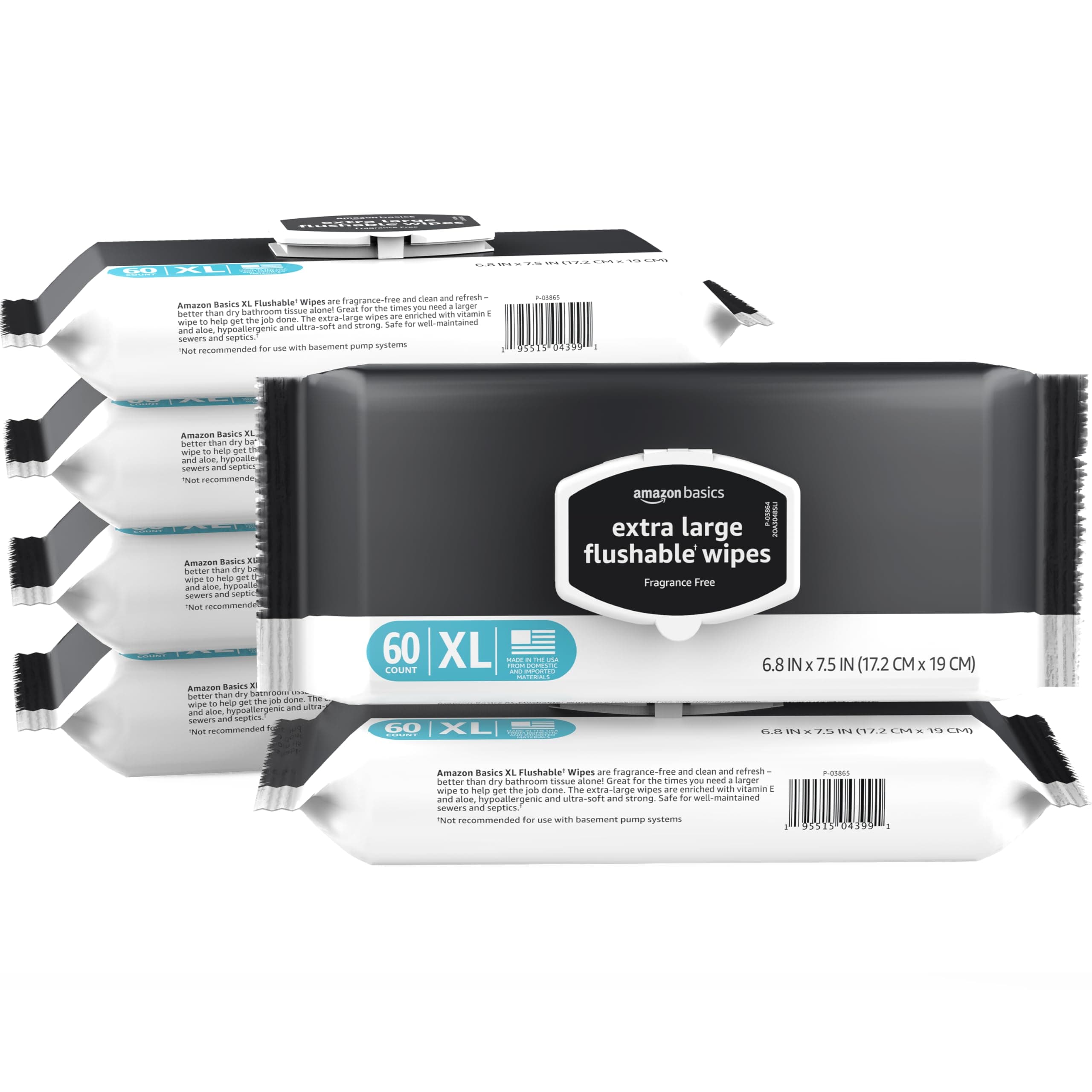 Amazon Basics Extra Large Flushable Wipes, Fragrance Free, pH Balanced, with Vitamin E & Aloe, Hypoallergenic, 360 Wipes, 6 Packs of 60, Resealable Closure