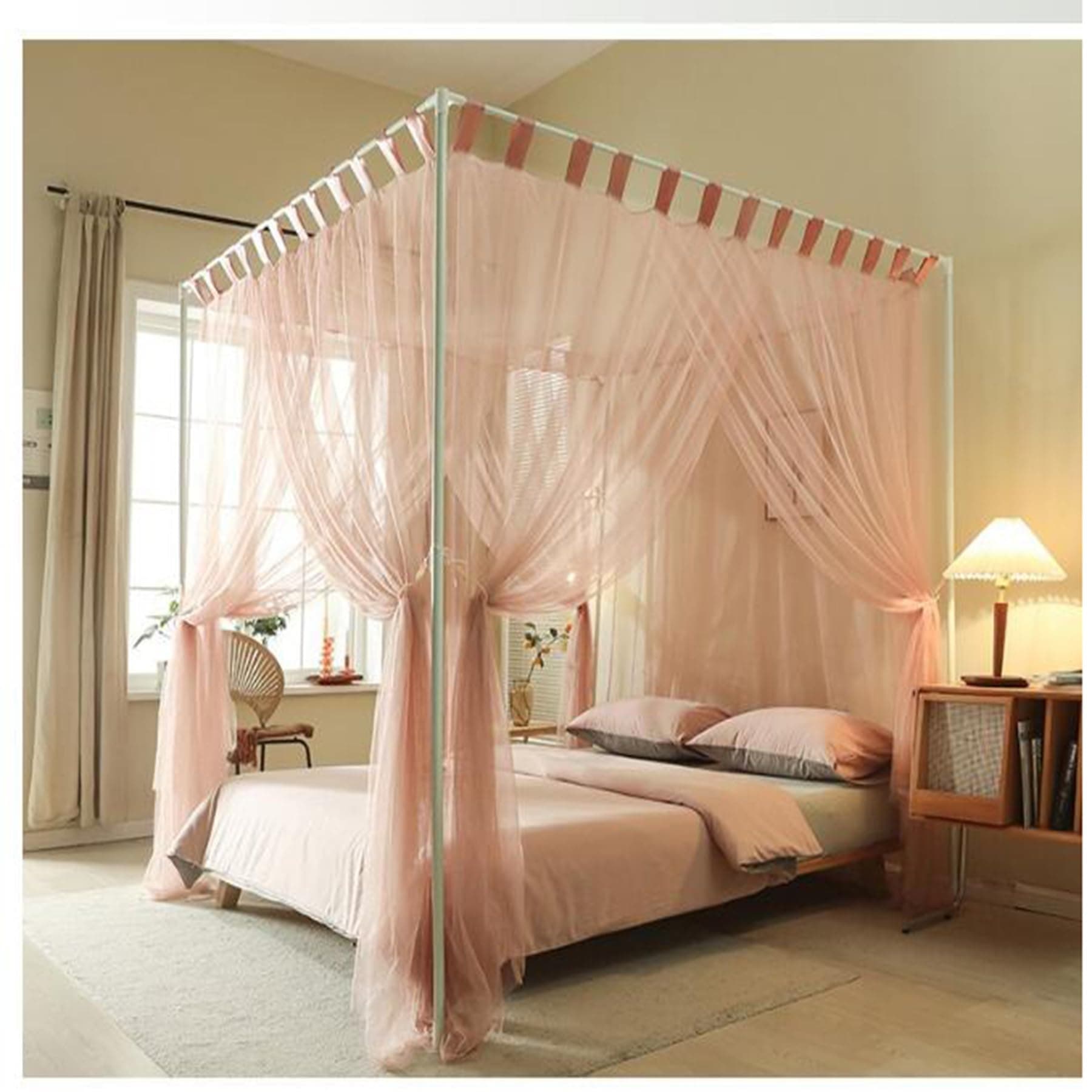 Mosquito Net Bed Canopy Frame, Queen Size Bed Canopy Frame with Bed Curtains, Metal Canopy Bed Frame, for Full Size Bed, Easy To Install,Tea,Full
