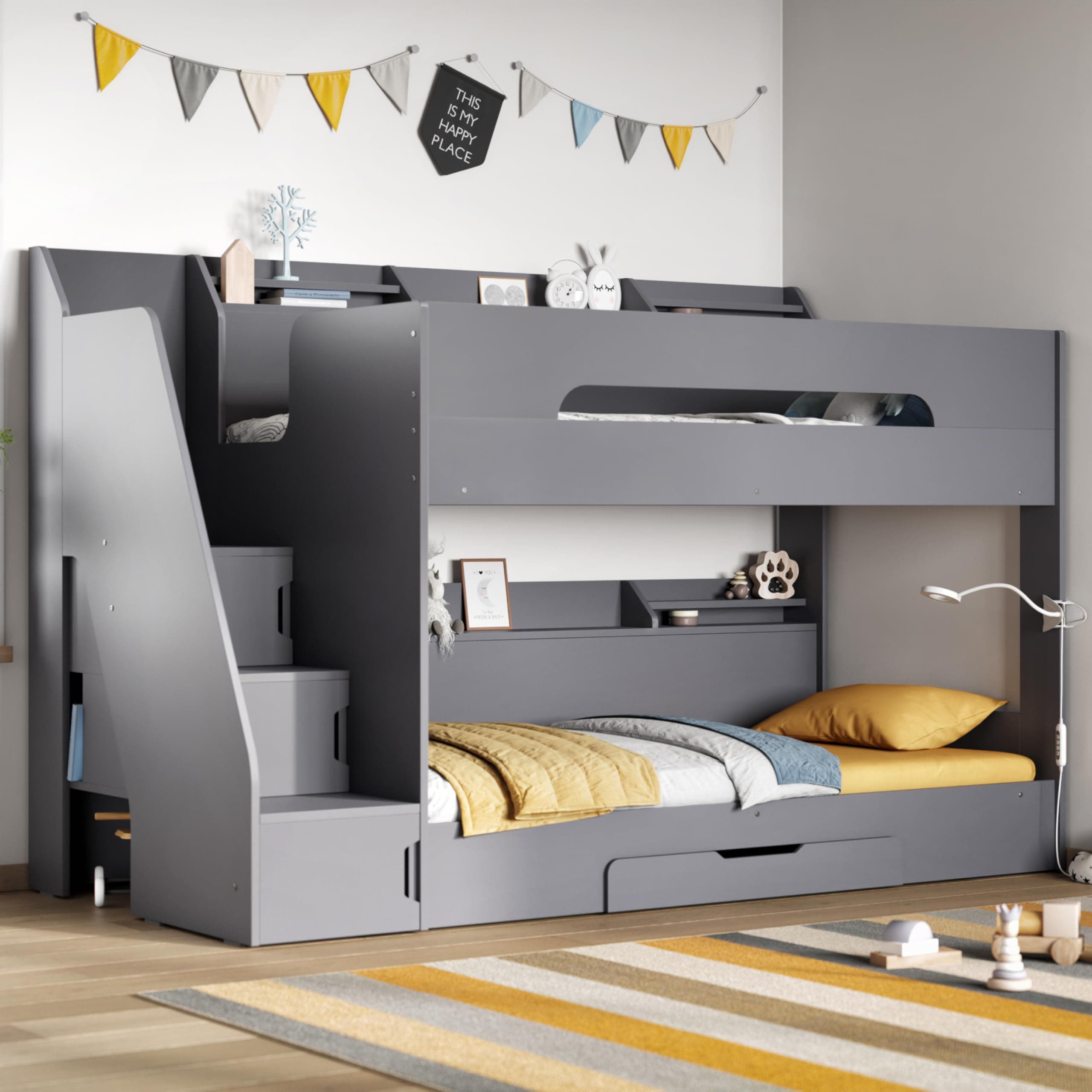 Flair Furnishings - Double Bunk Beds for Kids, Staircase Bunk Bed with Storage, Heavy Duty and Sturdy, Cosy, Stylish, Space Saving Design (Grey)