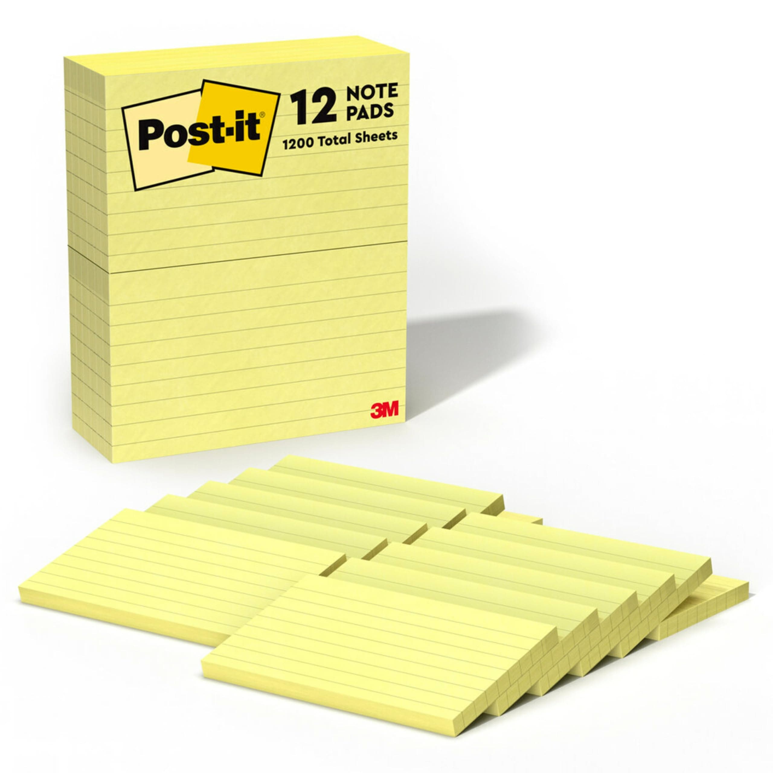 Notes, 3 in x 5 in, 12 Lined Sticky Notes Pads, 100 Sheets per Pad, Canary Yellow, The Original Post-it Note, School Supplies and Office Products