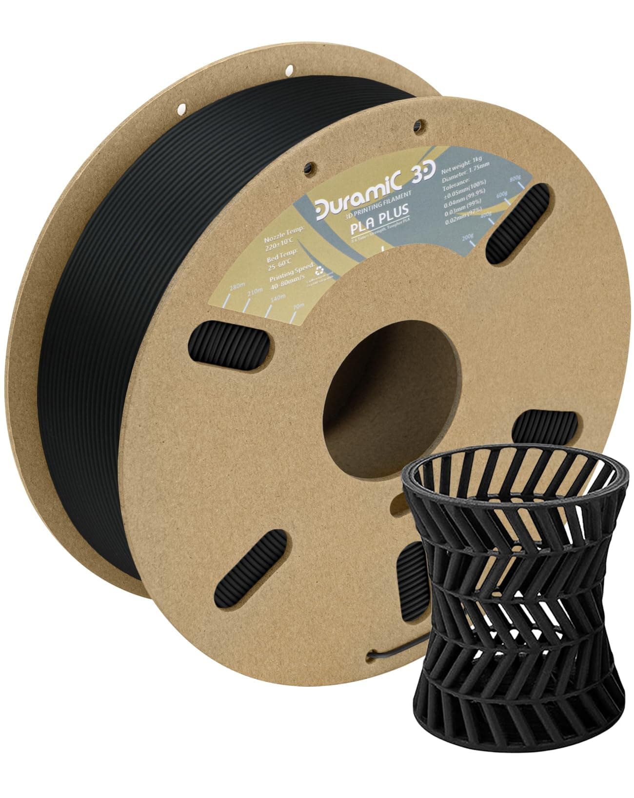 DURAMIC 3D PLA+ Filament 1.75mm 1Kg Black, PLA Plus Filament 1Kg Spool(2.2lbs) Tougher and Stronger, Dimensional Accuracy Probability +/- 0.02mm