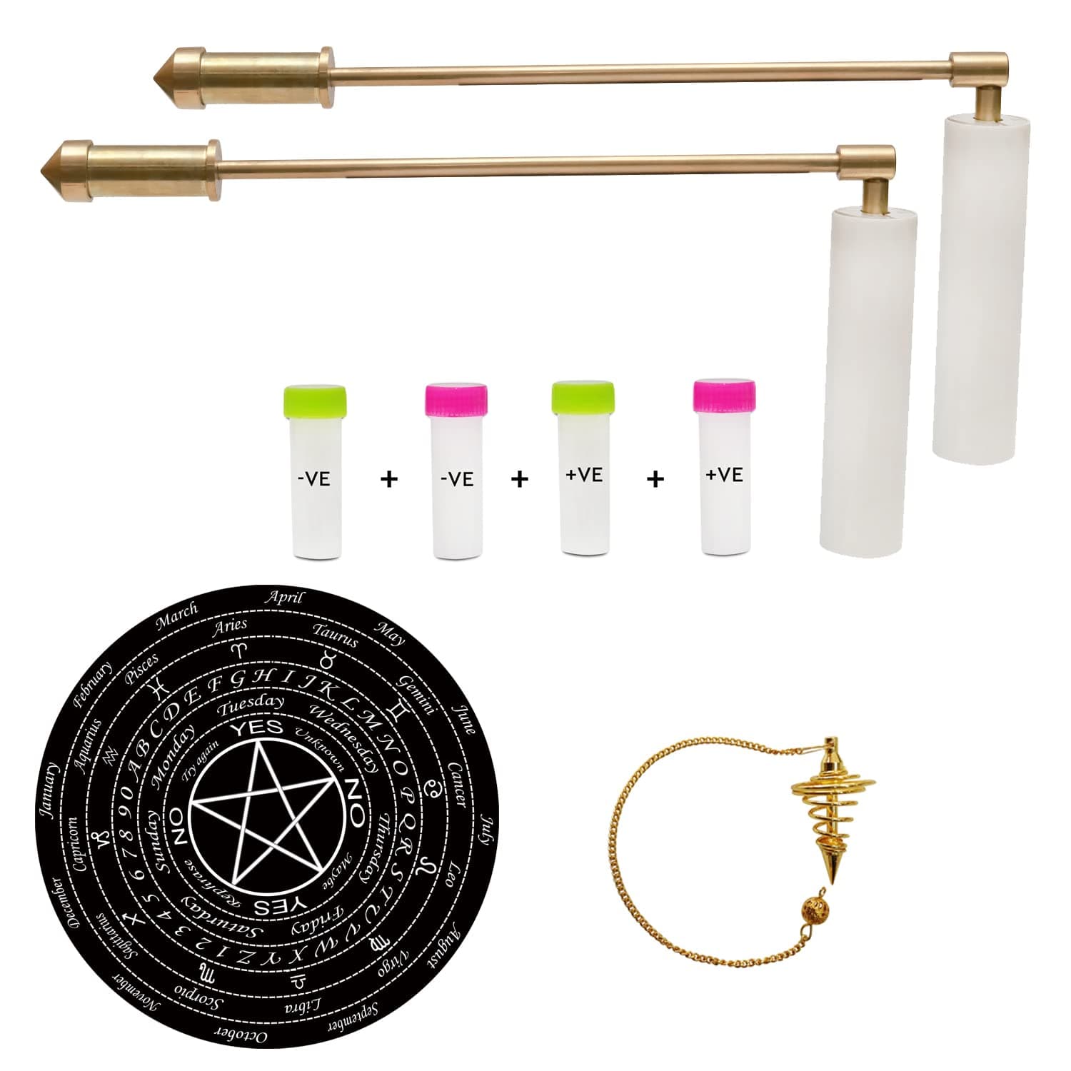 Full Brass Dowsing L Rods Pair with (Pendulum Board,Pendulum and Samples) for Aura Energy Checker, Spirit Hunter, Water Divining, Check Paranormal Activity, (Yes-No) Questions