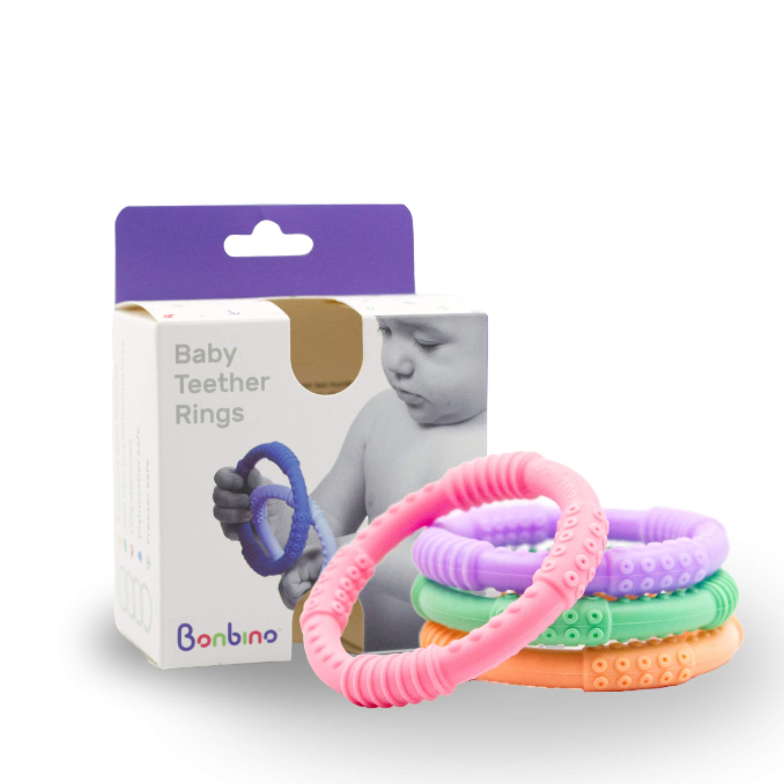 Bonbino™ Teether Rings - (4 Pack) Silicone Sensory Teething Rings - Soothes Baby Gum Pain! (Pastel)