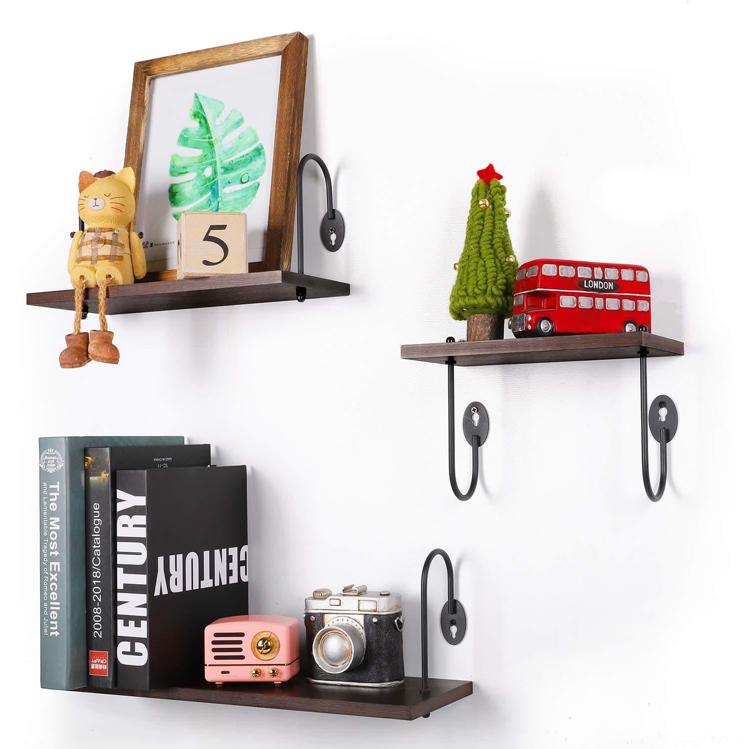 Olakee Floating Shelves Wall Mounted Rustic Wood Wall Shelves Set of 3 for Bedroom Bathroom Kitchen Office Walnut