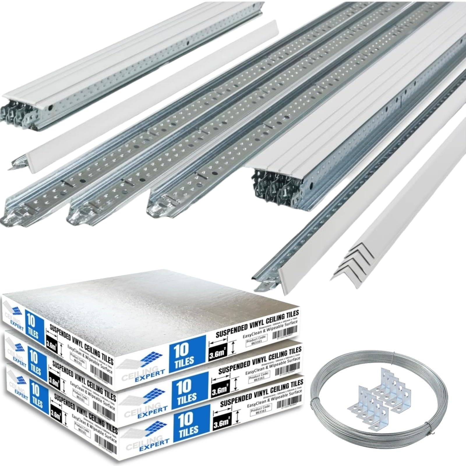 10m2 White Suspended Ceiling Grid System 600mm x 600mm Complete Suspension with White Vinyl Easyclean Wipeable Ceiling Tiles 595mm x 595mm 7mm 30 Tiles